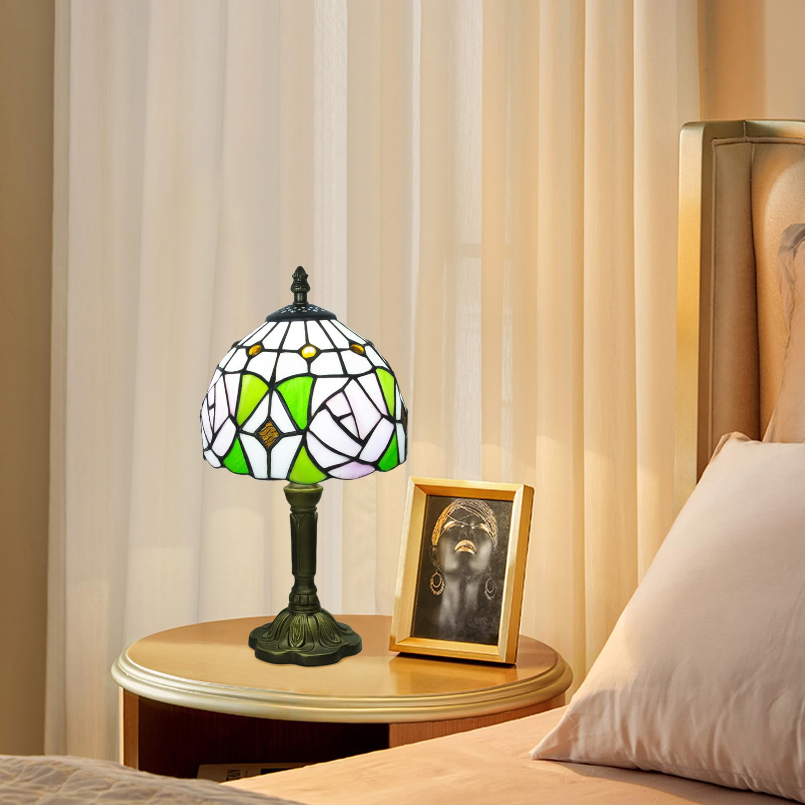 Crefotu Tiffany Style Table Lamp, Stained Glass, 8 Inch, 3 Color Temperatures, Rose Pattern, Model CFLP-0001