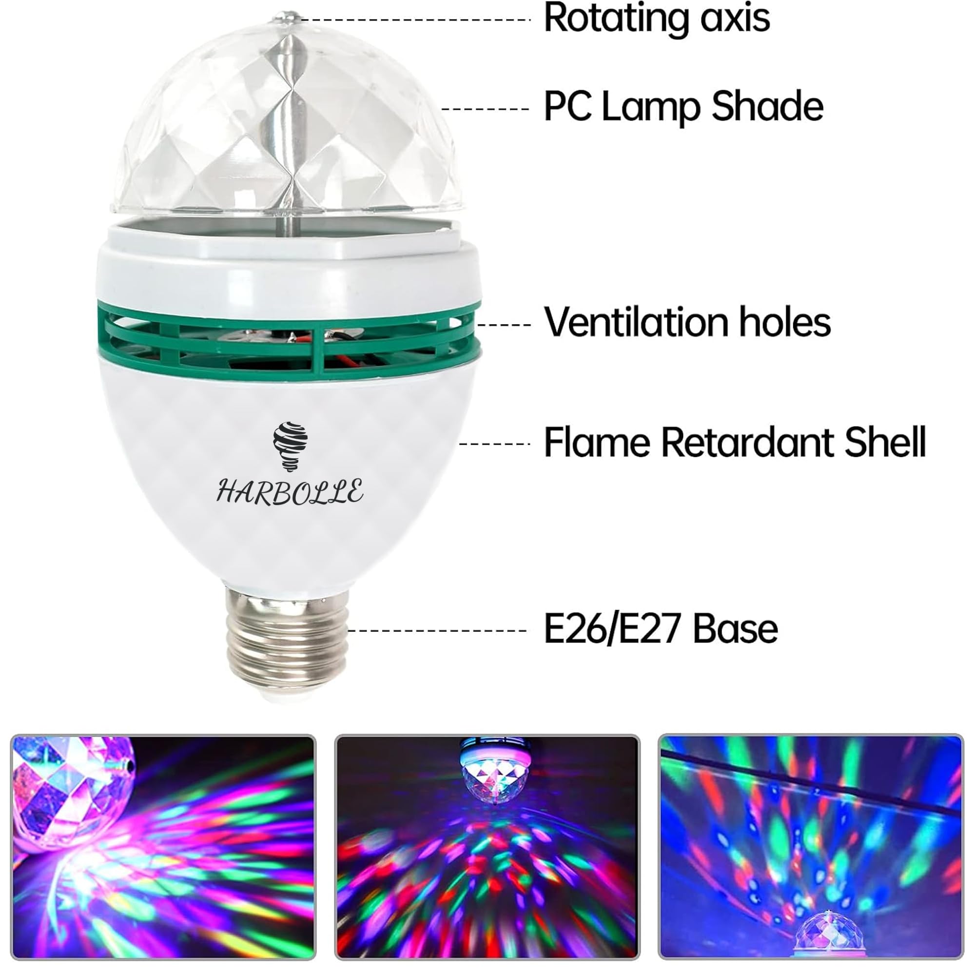 HARBOLLE RGB Color Rotating LED Bulbs - 2 Pack, E26/E27, Multi for Parties & Photography