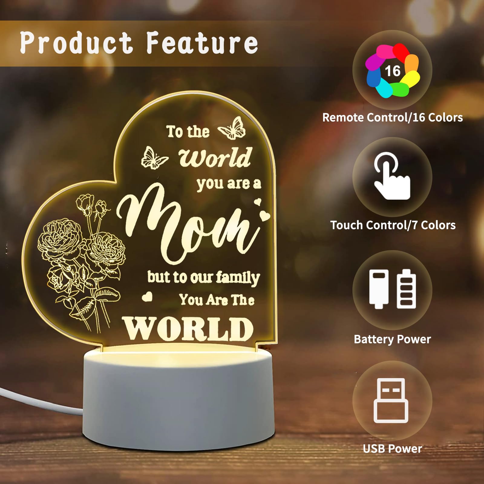 Bassi Christmas Gifts For Mom, Engraved Night Light Lamp Mothers Day Gifts For Mom, Mom Gifts From Daughter Son, 16 Colors Remot