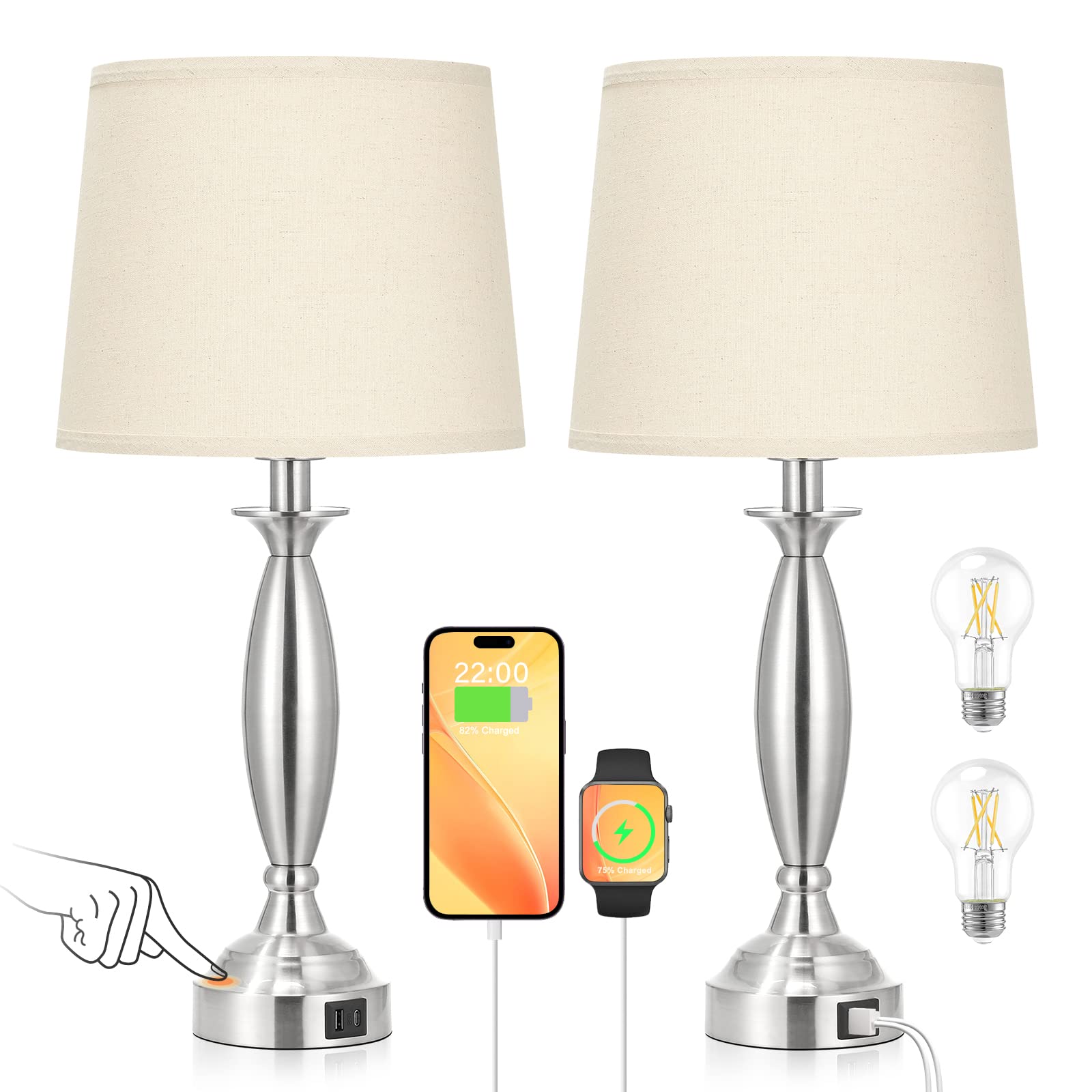 Beige Lamps For Bedrooms Set Of 2 - Touch Control Bedside Lamp With Usb C+A, 3 Way Dimmable Nightstand Lamps With Usb Port, Table Lamp For Living Room(Beige Shade And Nickel Base)
