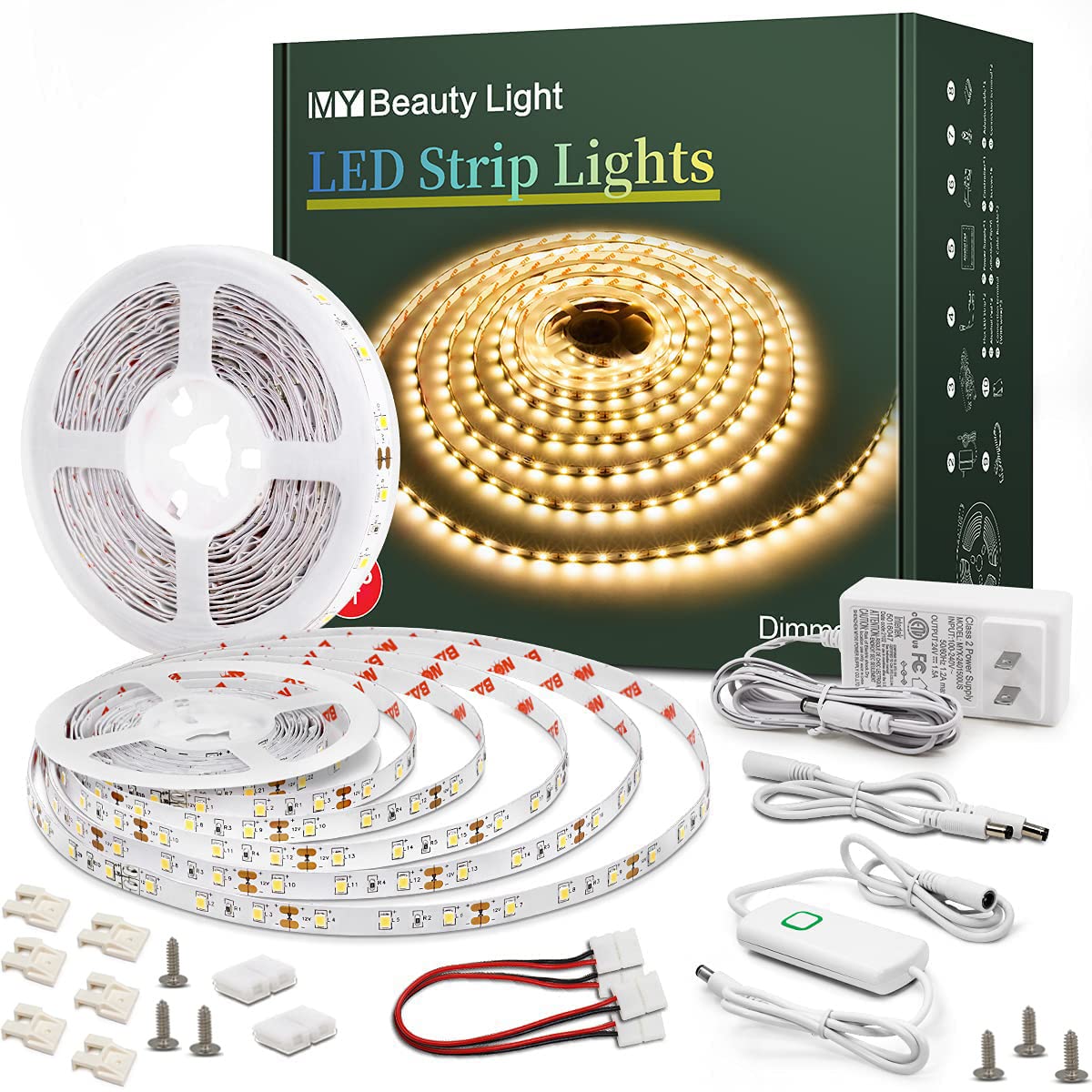 Led Strip Lights 65.6ft Warm White Dimmable Led Light Strip Flexible Rope Lights Kits with 24v Etl Power Supply, Adhesive Clips,