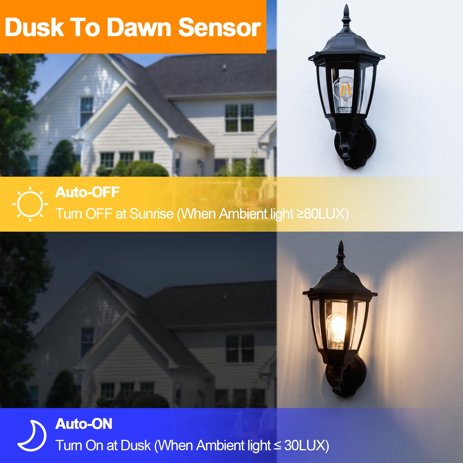 FUDESY Outdoor Wall Light - Dusk to Dawn Sensor, Black Plastic, LED Edison Bulb, 2-Pack, Model FDS2542PS-B2