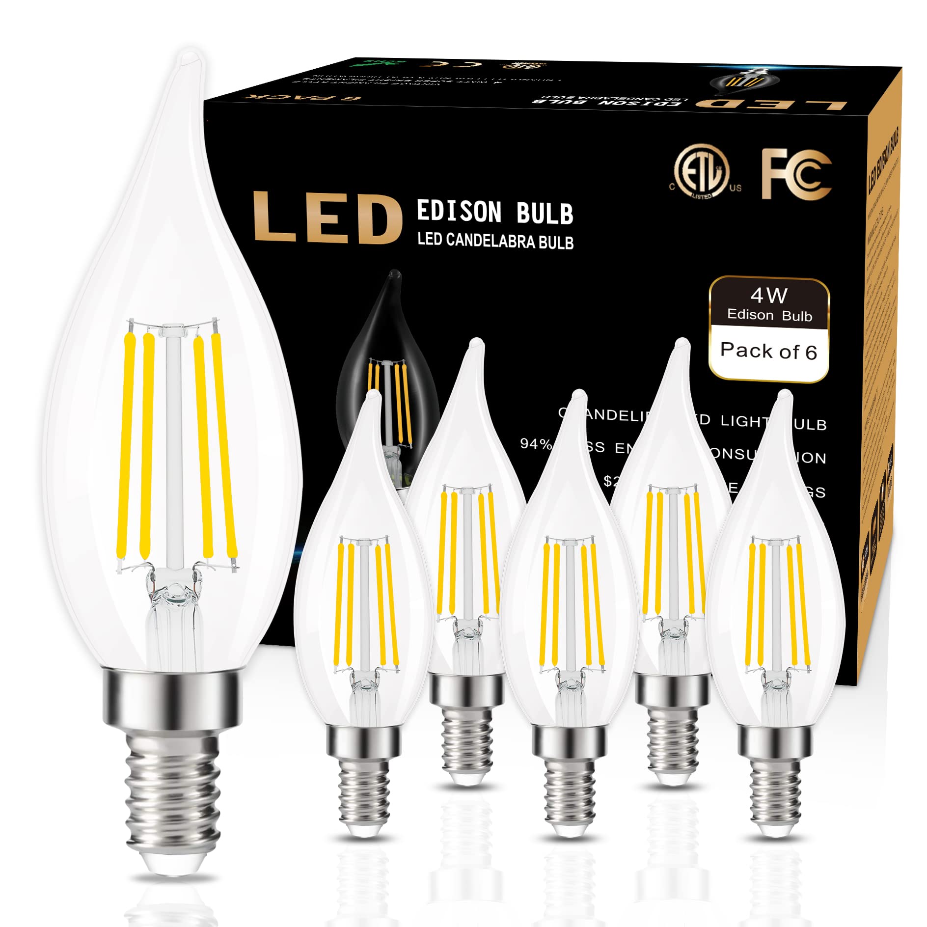 Golspark E12 Candelabra Led Bulb Dimmable, 60W Equivalent 4000K Daylight Type B Chandelier Light Bulbs, E12 Base Vintage Filamen