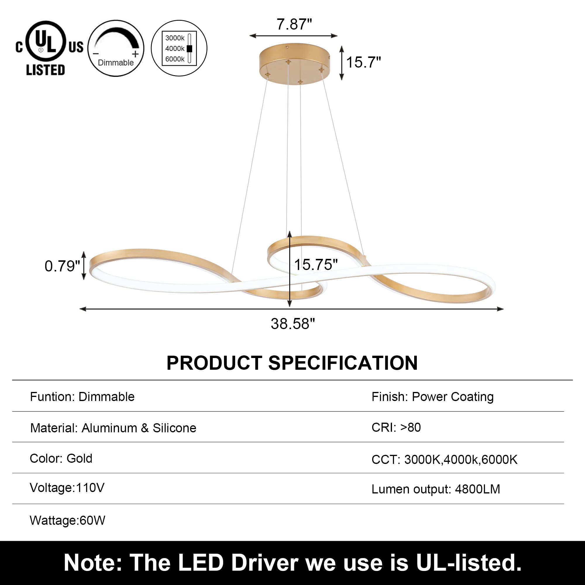 SUNMOO Modern LED Chandelier - Dimmable 60W Lighting Fixture for Dining Room, Kitchen Island, Adjustable, Gold, Model PL21-WGDD-60W-G