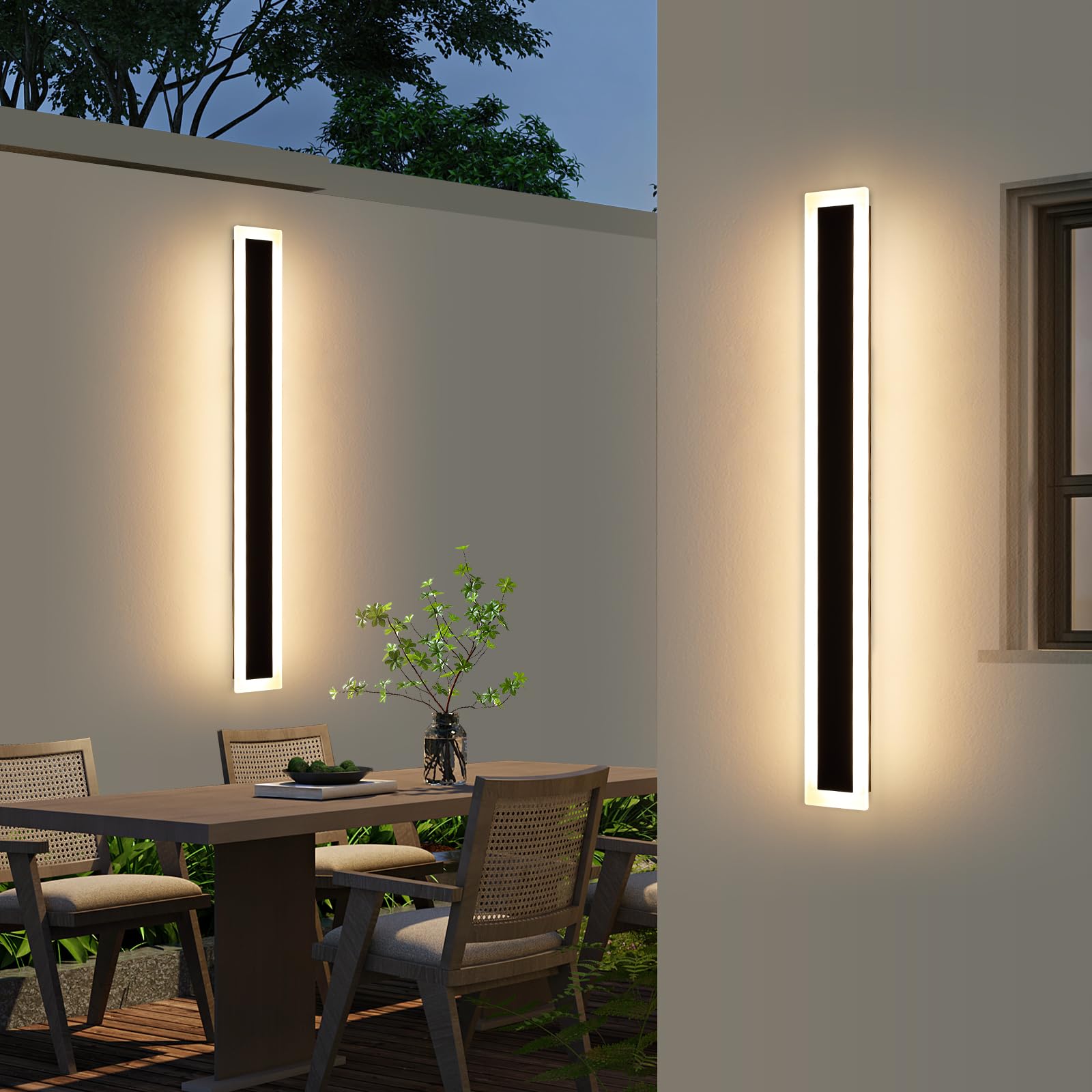 Upgrade Widened 2 Pack 47.2inch Modern Outdoor Wall Sconce, Black Long LED Wall Light, 3000K Warm White, IP65 Waterproof, White 