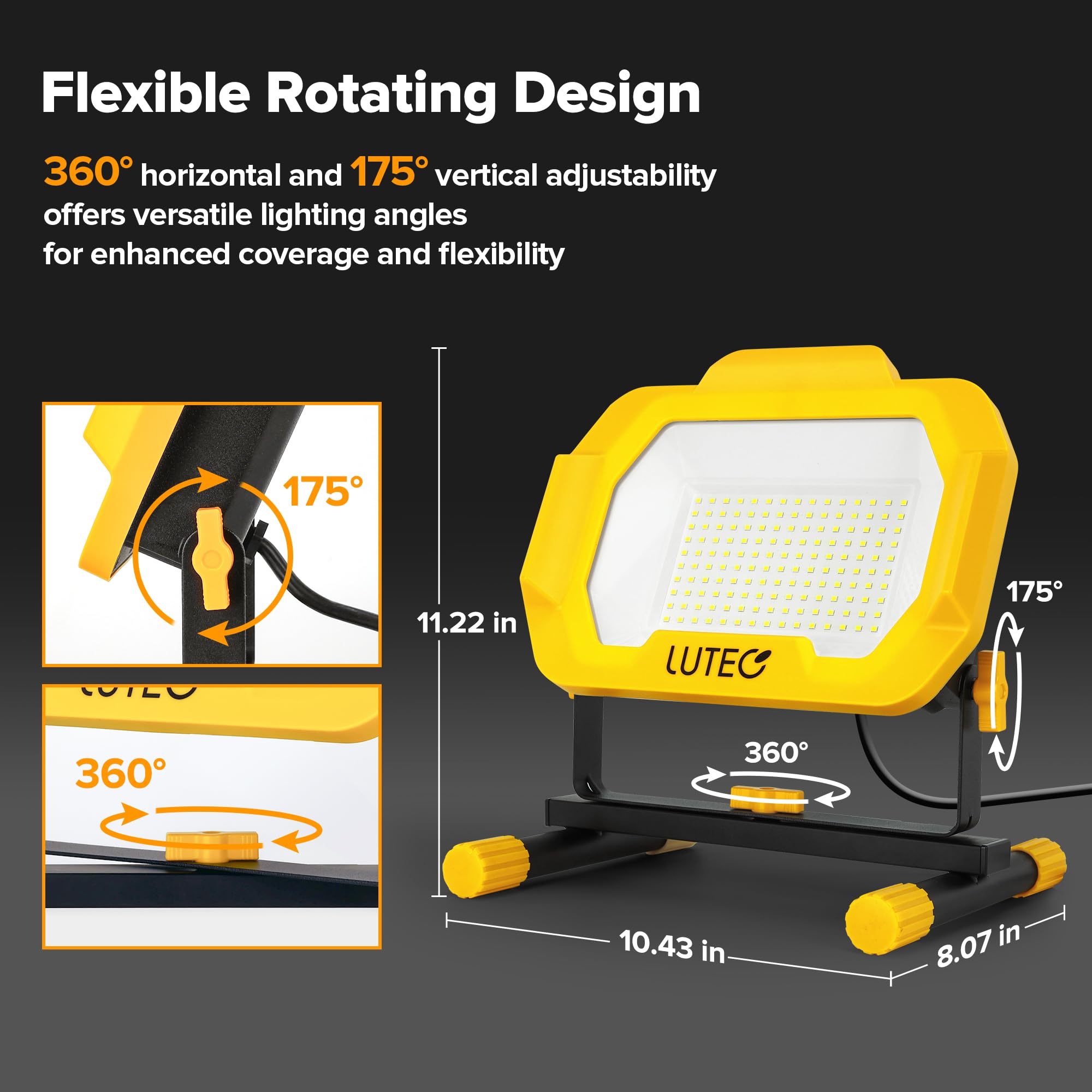 Lutec 12500 Lumen Led Work Light, Dimmable Flood Lights With 3 Brightness Levels, Ip65 Waterproof Portable Job Site Lights With