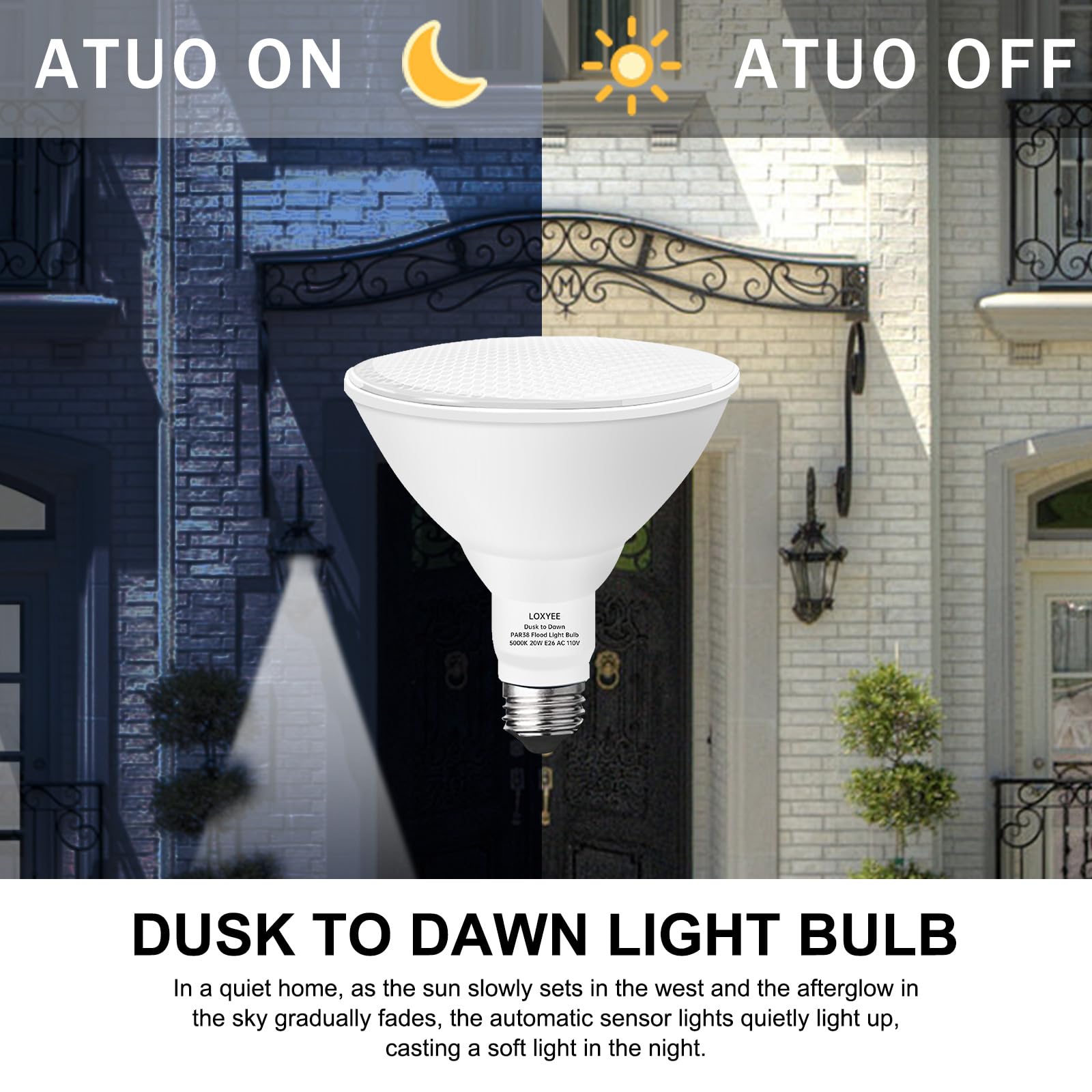 Loxyee 2 Pack Led Par38 Dusk To Dawn Flood Light Bulbs Outdoor ,20W(200W Equivalent) E26 Base Flood Light Bulbs,5000K Daylight 1800 Lumens Led Flood Light For Outdoor Garden,Garage,Yards
