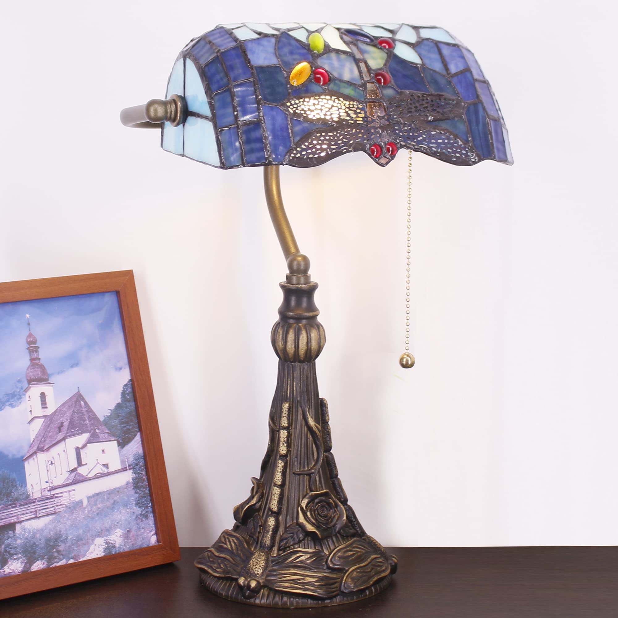 Tiffany Banker Lamp Small Stained Glass Table Lamp Tiffany Style Piano Light Navy Blue Dragonfly Style Desk Lamp Angle Adjustabl
