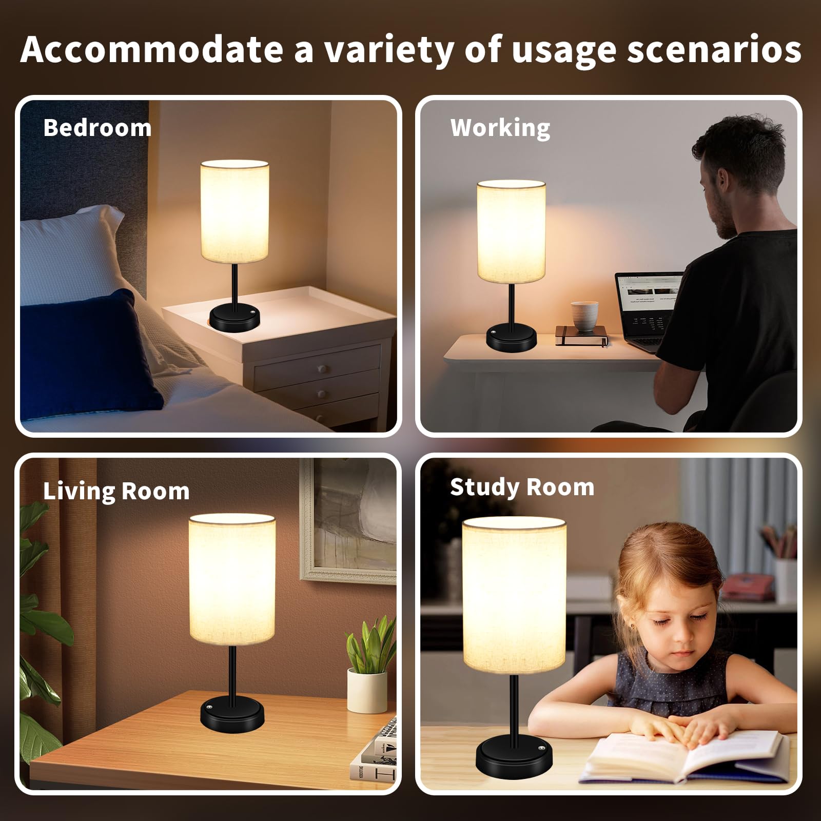 Lhyuetong 2-Piece Cordless Led Desk Lamp, Modern Minimalist Touch Lamp With Three-Level Brightness Adjustment, Linen Lampshade,