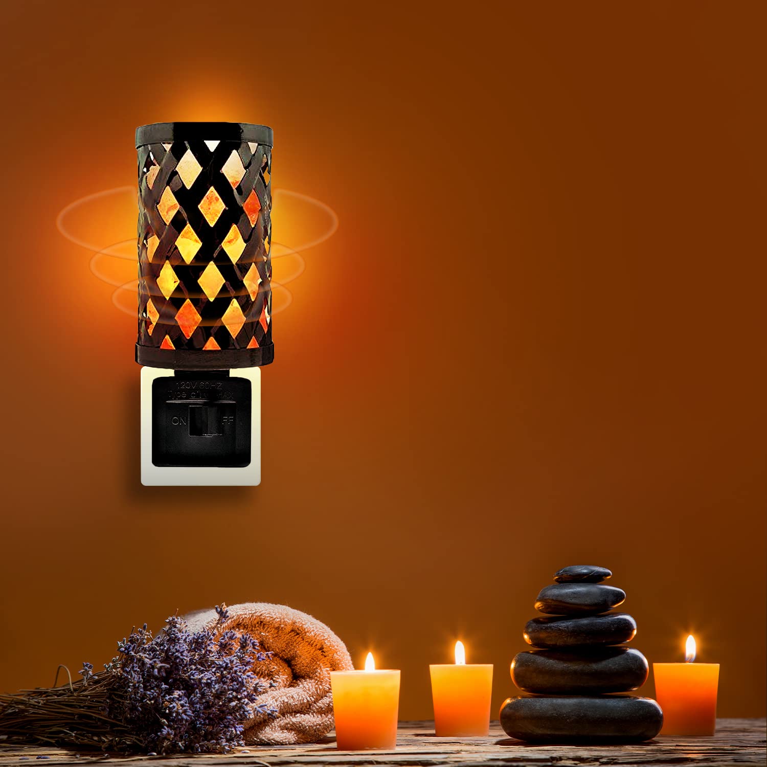 Natural Solution Himalayan Glow Salt Lamp Night Light, 360° Rotatable Wall Plug, Metal, Standard Size, Orange, Model 1809D