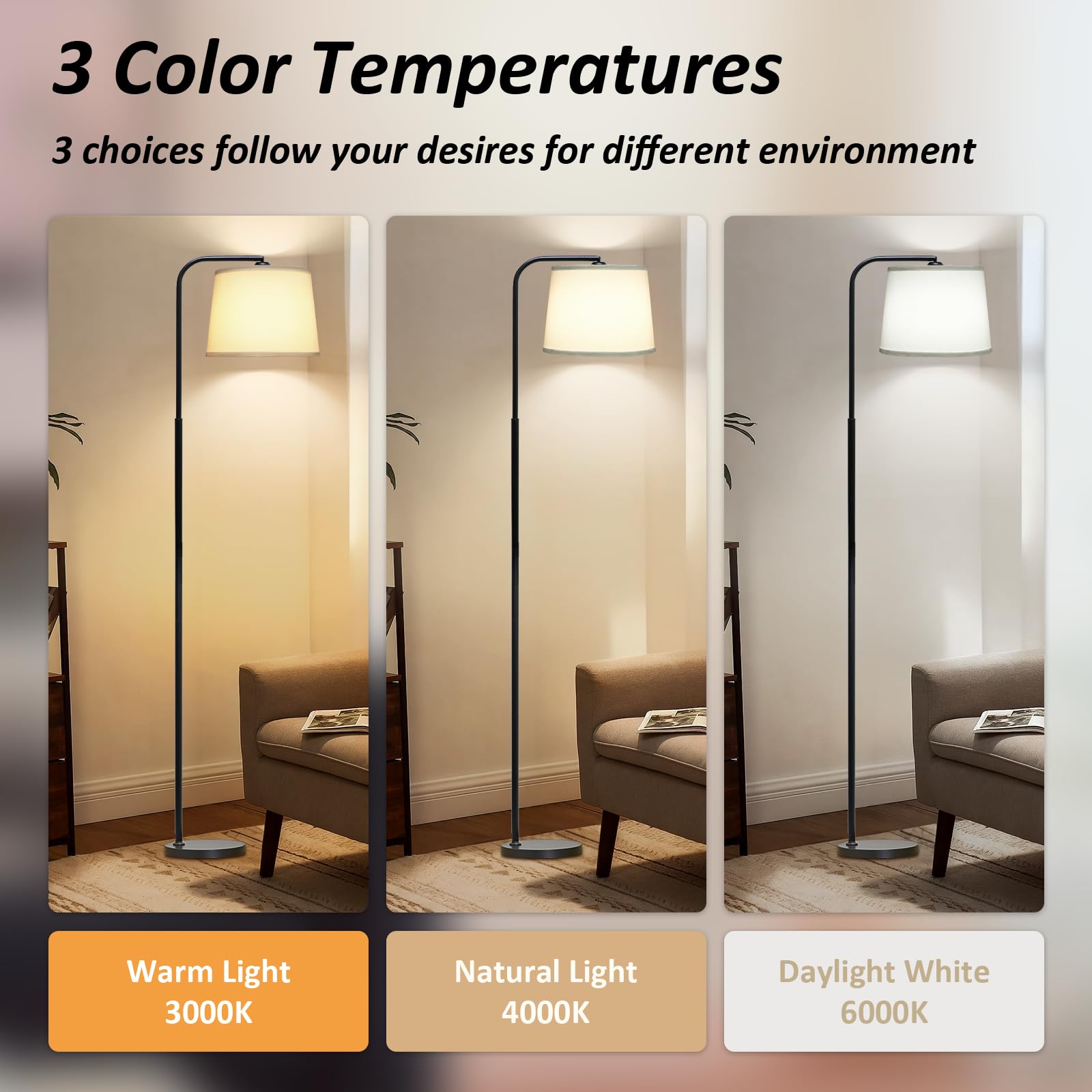 AKASUKI Floor Lamp with 3 Color Temperatures, 9W LED Bulb, Black Base-White Shade, Model LT-1125, for Living Room/Bedroom/Office
