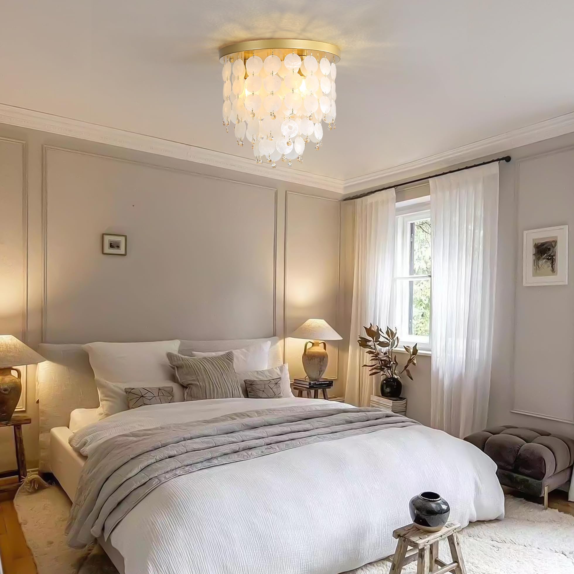 13&quot; Flush Mount Chandelier Natural Capiz Shell Ceiling Light 3 Light Mini Chandelier Gold Crystal Chandelier Hallway Light Fixtures Ceiling For Bedroom Kitchen Island Dinning Room Bulb Included