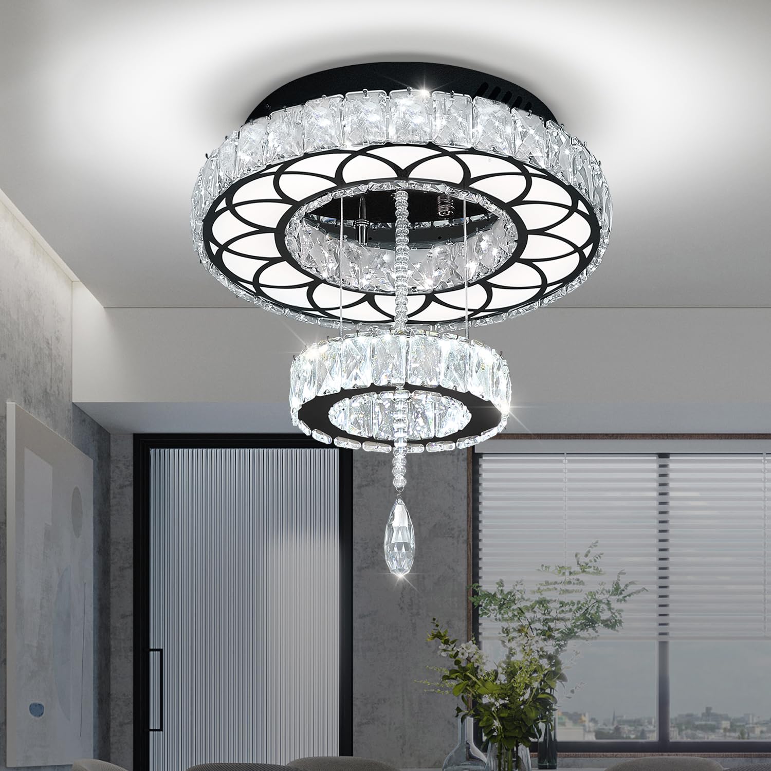 Flashing God Dia 12'' Crystal Mini Chandelier Crystal Black Ceiling Light Fixtures LED Flush Mount Ceiling Light for Living Room