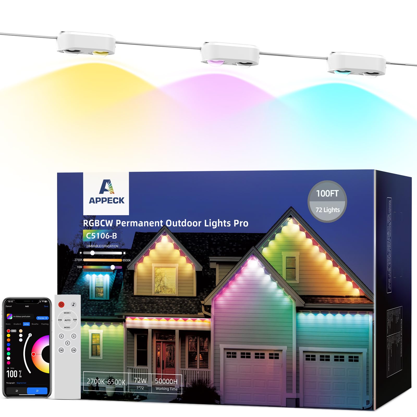 APPECK Permanent Outdoor Lights Pro 100ft, RGBCW Smart Eaves Lights with 72 LED Lights, Dual Lens, Cuttable, 111 Scene Modes, IP