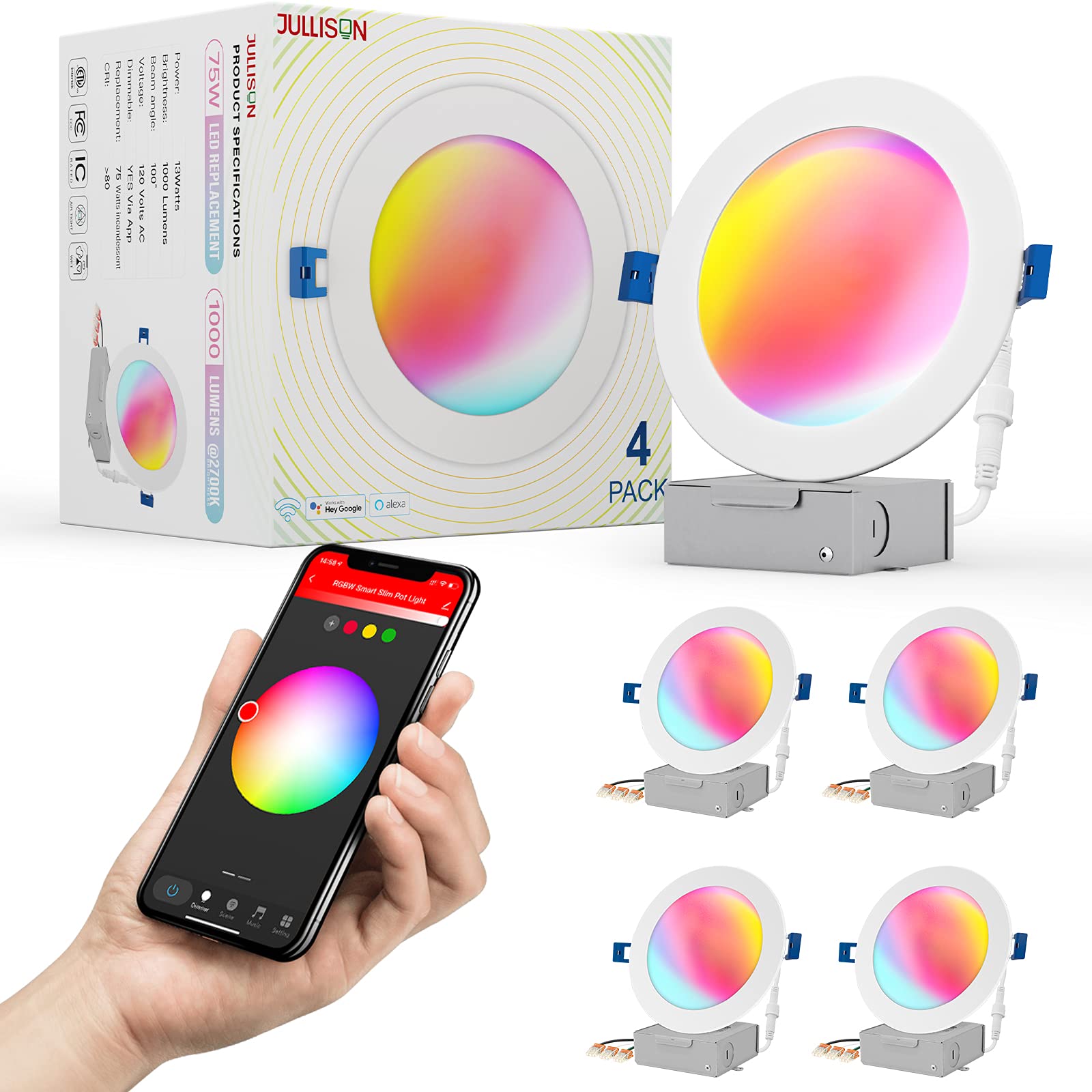 JULLISON 6 LED Smart Slim Recessed Pot Light, WiFi APP & Voice Control, 120VAC, 13W, 1000LM, RGB + 2700K-6000K, ETL & FCC & IC R