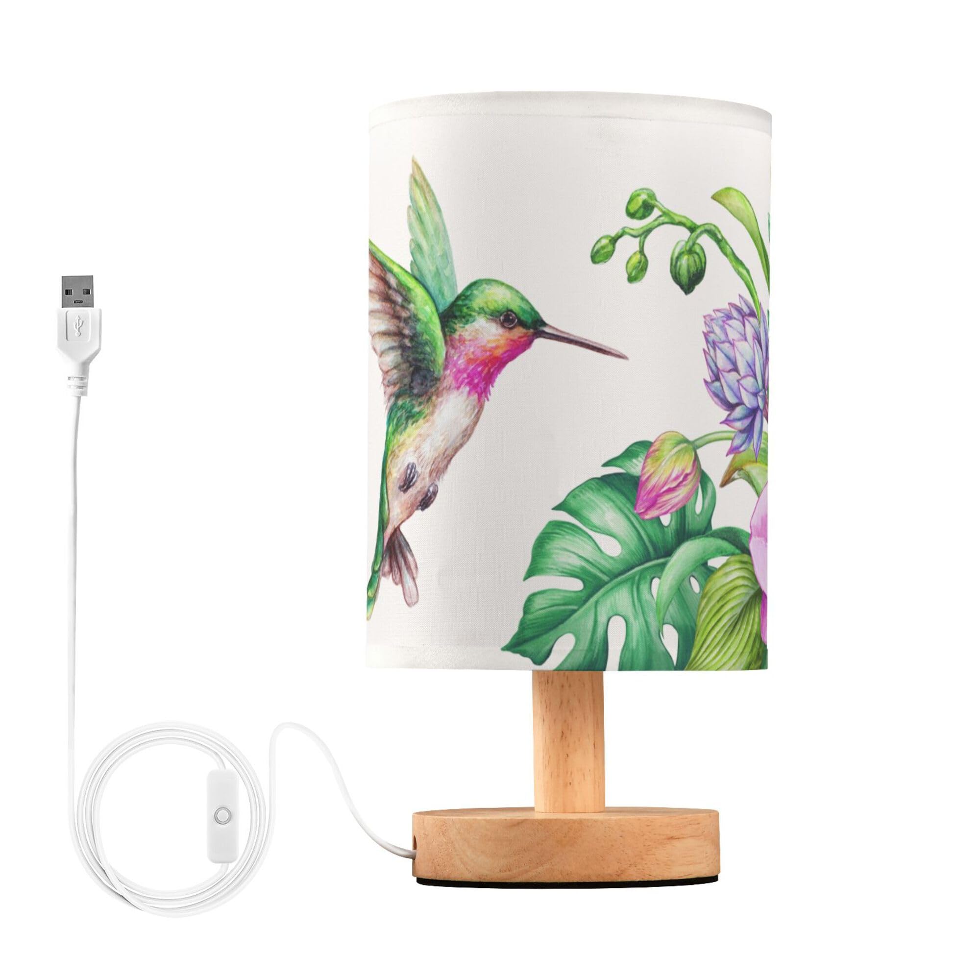 YYZZH Table Lamp Flying Hummingbird Nature Tropical Orchid Flower Jungle Leaves Nightstand Lamp with Wood Base Fabric Lamp Shade