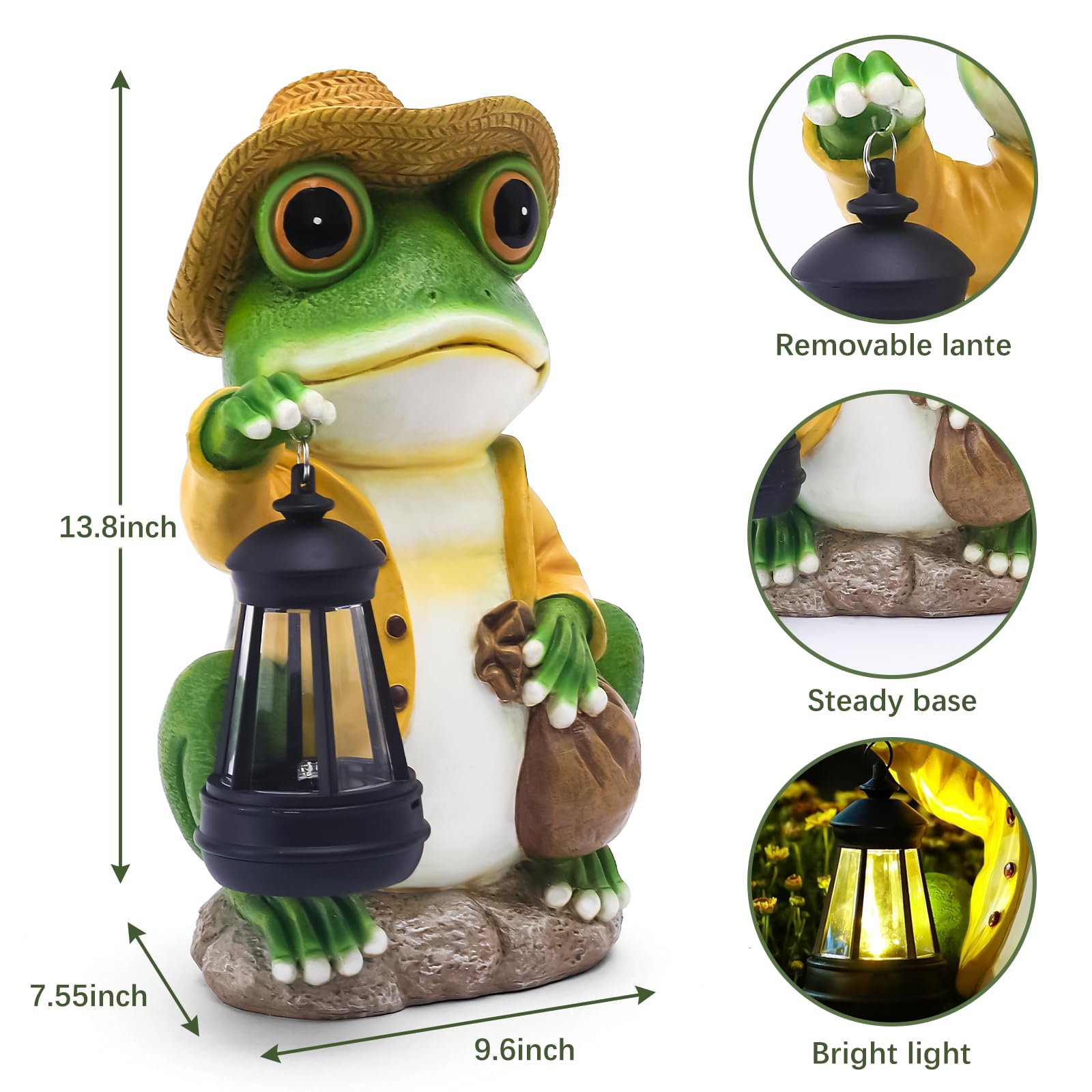 Pohabery Frog Garden Statue, 13.3in Tall Resin Decor with Solar Lantern, Green Frog