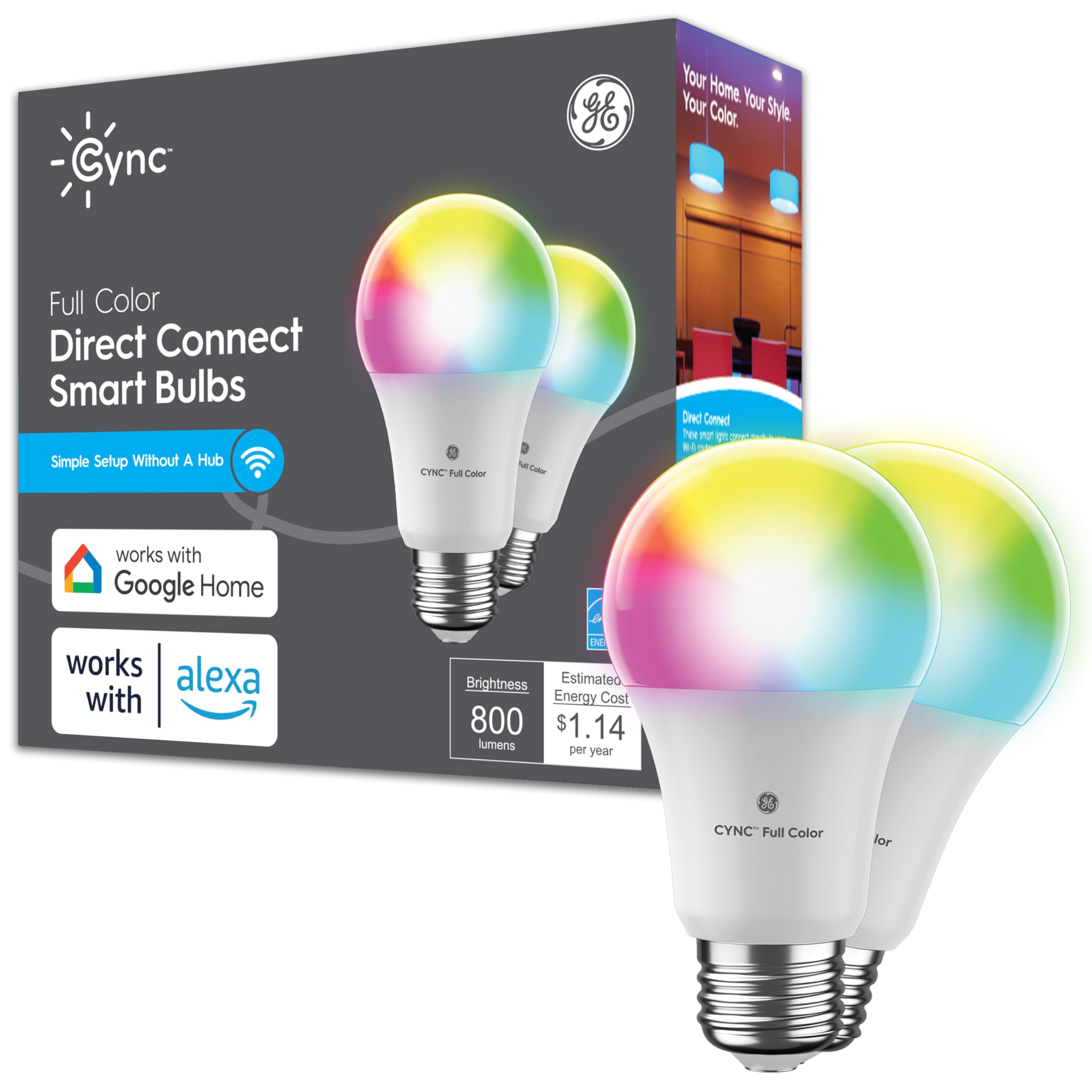 GE CYNC Smart Full Color A19 LED Light Bulb, 60W Replacement, Bluetooth/Wi-Fi Enabled, Alexa + Google Home Compatible Without Hu
