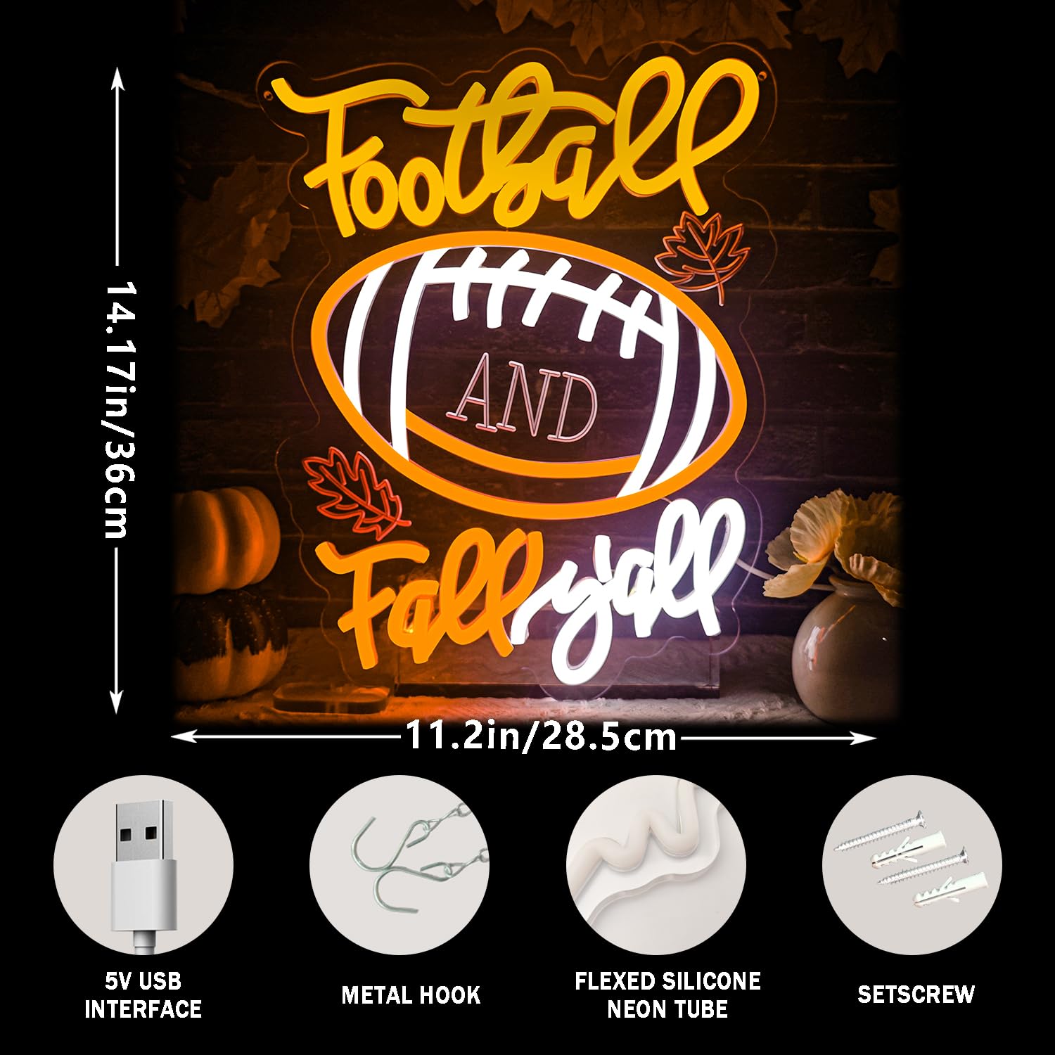 Football Fall YAll Neon Sign Maple Leaf Neon Sign Thanksgiving Led Neon Light Sign Thanksgiving Decorations For Autumn Room Bedroom Table Wall Decor Kids Holiday Gift Usb Powered