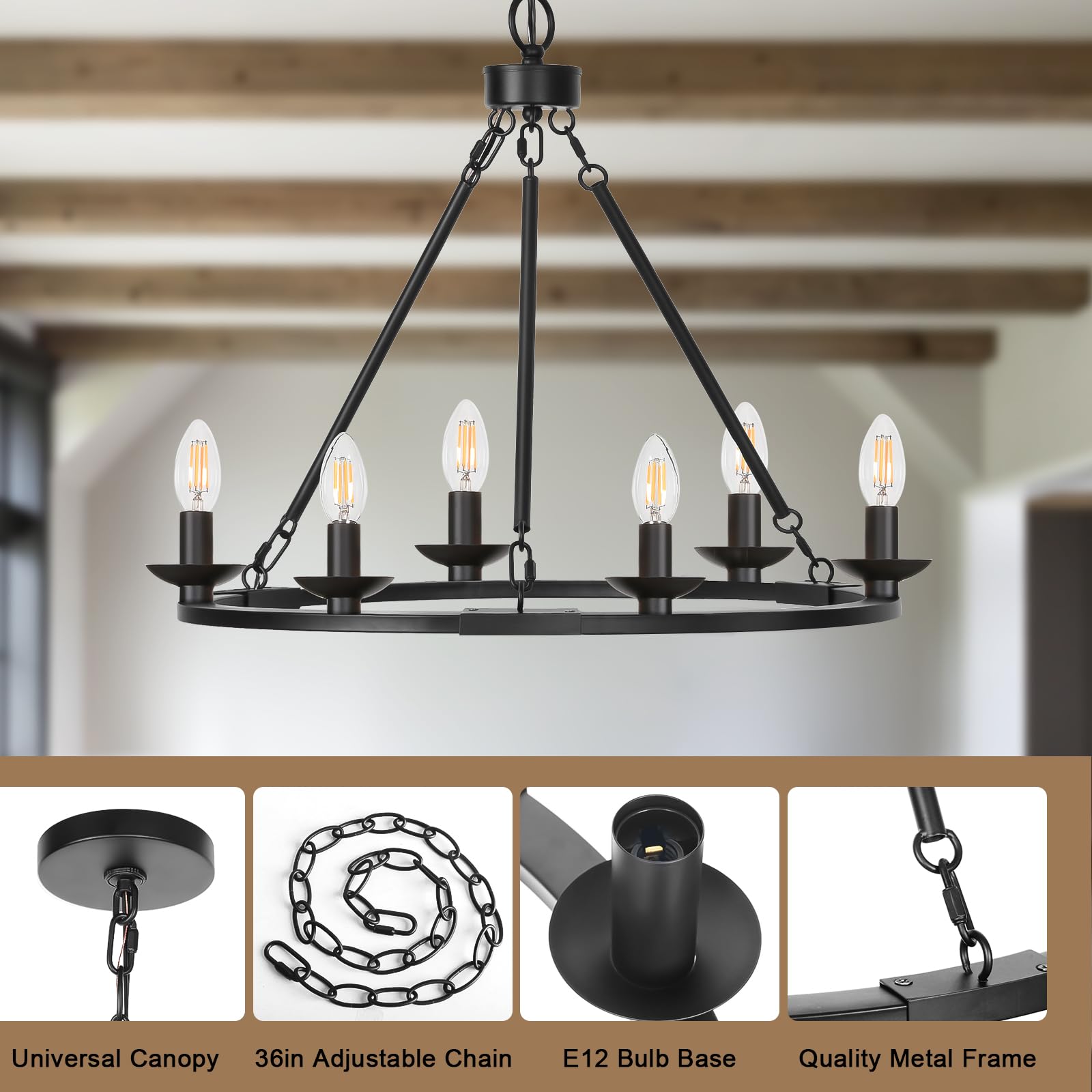 Seaside Village Black Farmhouse Chandelier, 6-Light Metal Wagon Wheel Fixture, Adjustable Height for Dining Room, Kitchen, Living Room