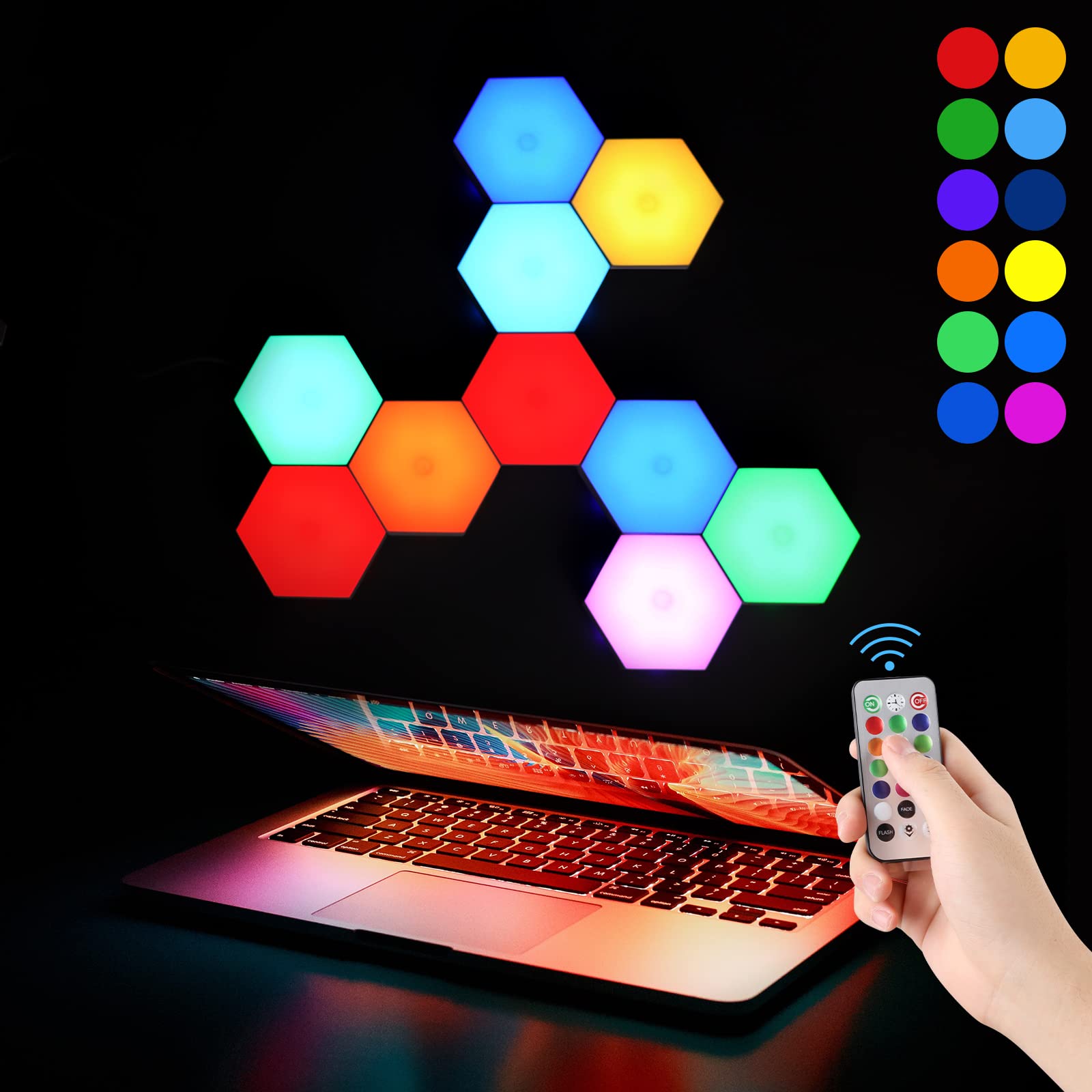 Vcwtty Smart LED Hexagon Wall Lights, 13 Colors, Touch-Sensitive, USB-Powered, 12 Pack, Acrylonitrile Butadiene Styrene, Multiple Colors