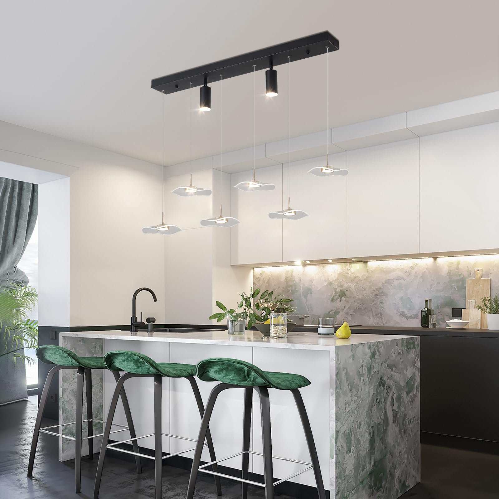 Siittoo Modern Chandeliers For Dining Room  40In Dimmable Led Pendant Lights Kitchen Island With Remote Control  Adjustable Height Kitchen Island Lighting Fixture With Spotlights(34W  6-Light)