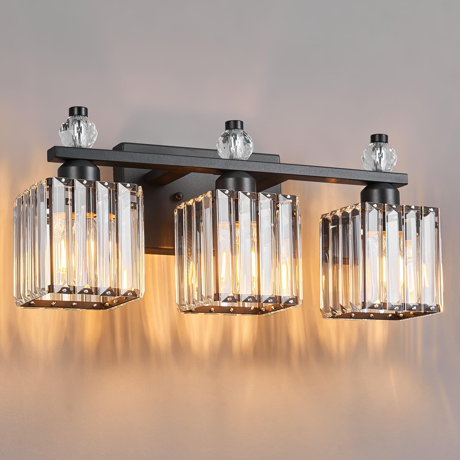 FDPBY 3-Light Sand Black Metal Bathroom Vanity Light Fixture, Modern Crystal Design, Model 290