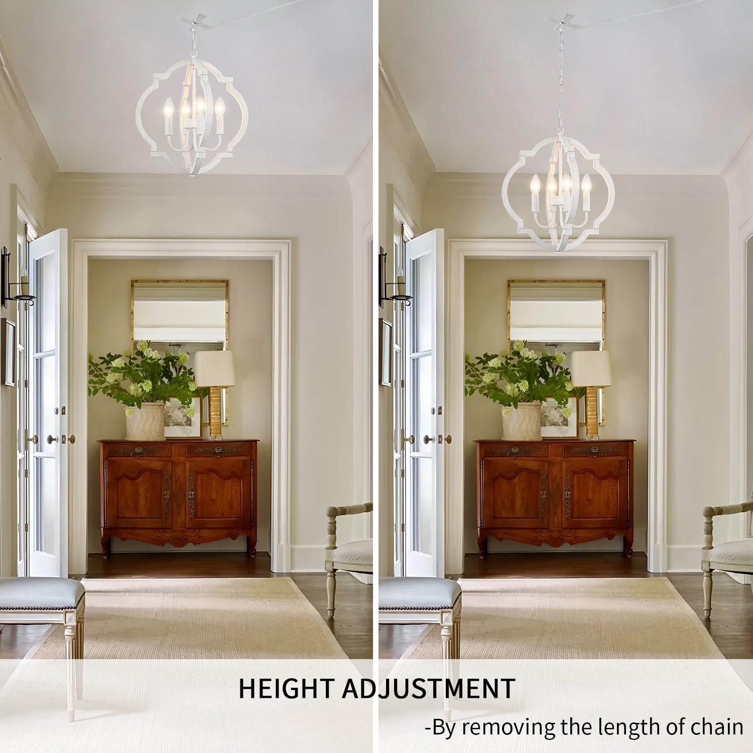 LASENCHOO 4-Light Plug-in Farmhouse Chandelier, Wood Rustic Pendant Lighting, White, Model Y5020S-4-D for Dining Room or Outdoor Use