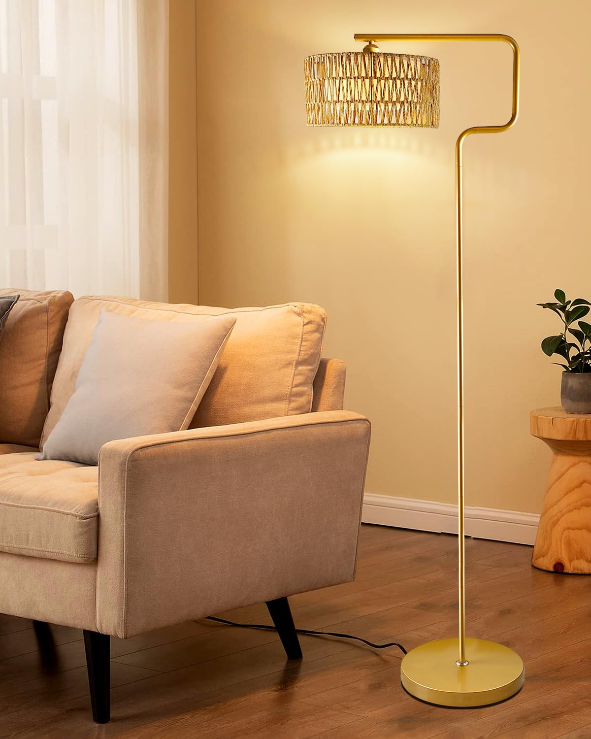 Lightdot Rattan Floor Lamp, Boho Arc Design, Metal & Linen Shades, Gold Color, Model LFLL-M-97A