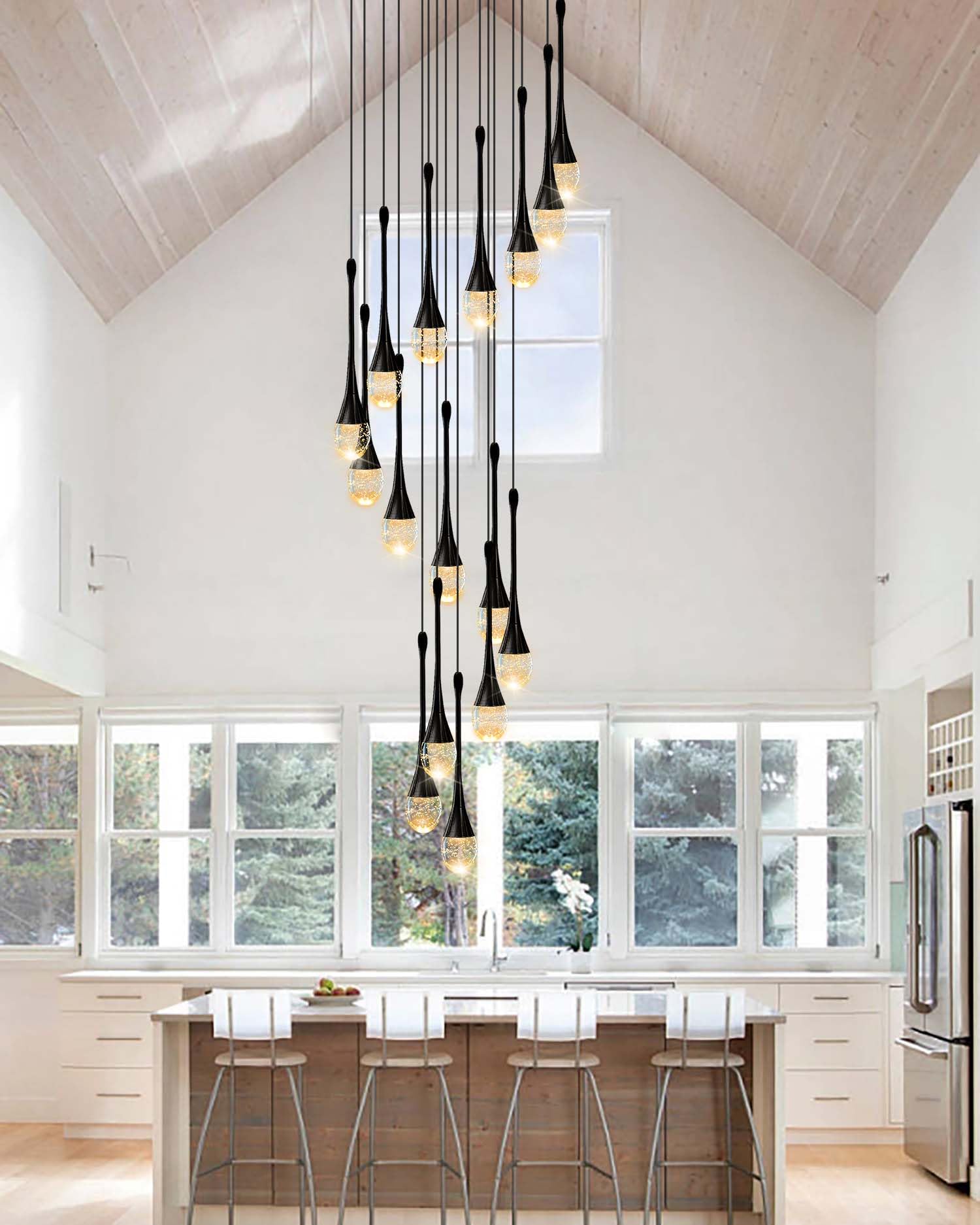Ykolupty 12-Light Black Raindrop Crystal Chandeliers 120'' High Ceiling Foyers Entrance Chandeliers Staircase Long Pendant Light