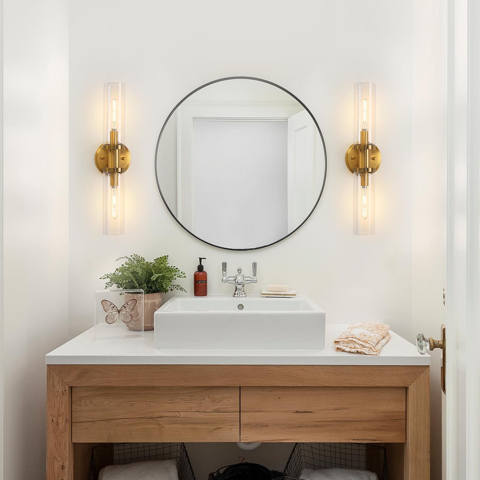 KUZZULL Wall Sconces Set of 2, Brushed Brass Gold with Clear Glass, Modern 28in Light Fixtures, Stylish Wall Decor