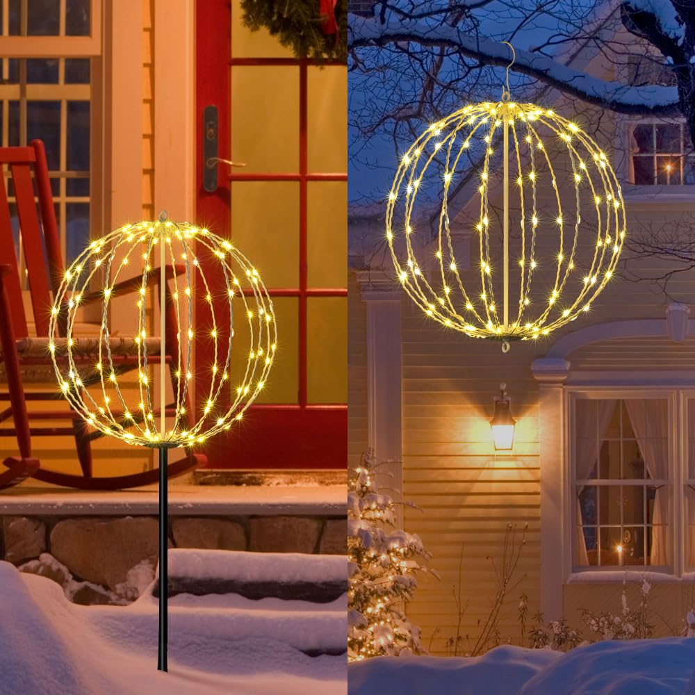 LIGHTSHARE 16IN LED Light Ball Garden Pathway Decoration, Waterproof, White Frame, Warm White Lights