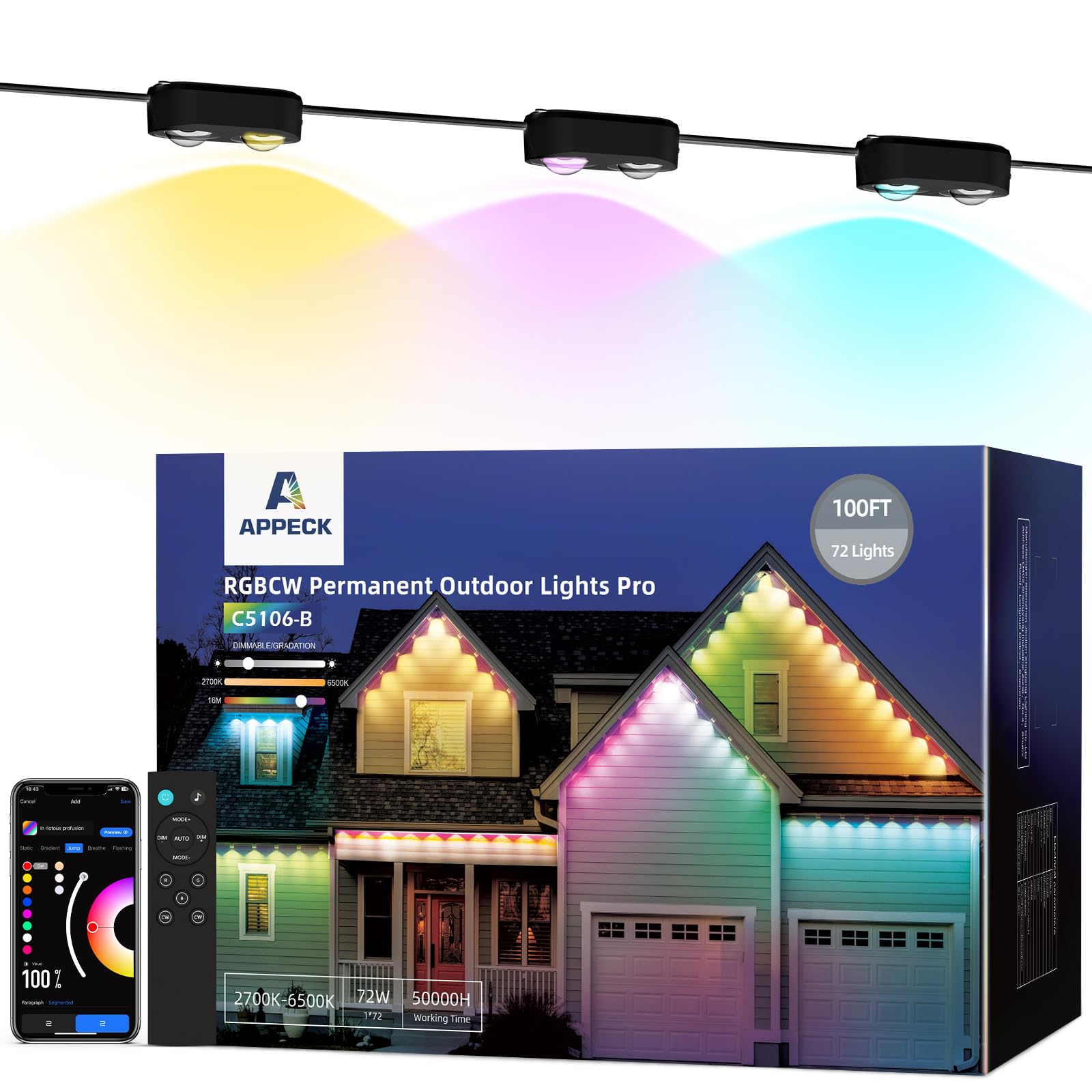 APPECK RGBCW Smart Eaves Lights, 100ft, IP67 Waterproof, 72 LED, Dual Lens, Black, Model C5106-B