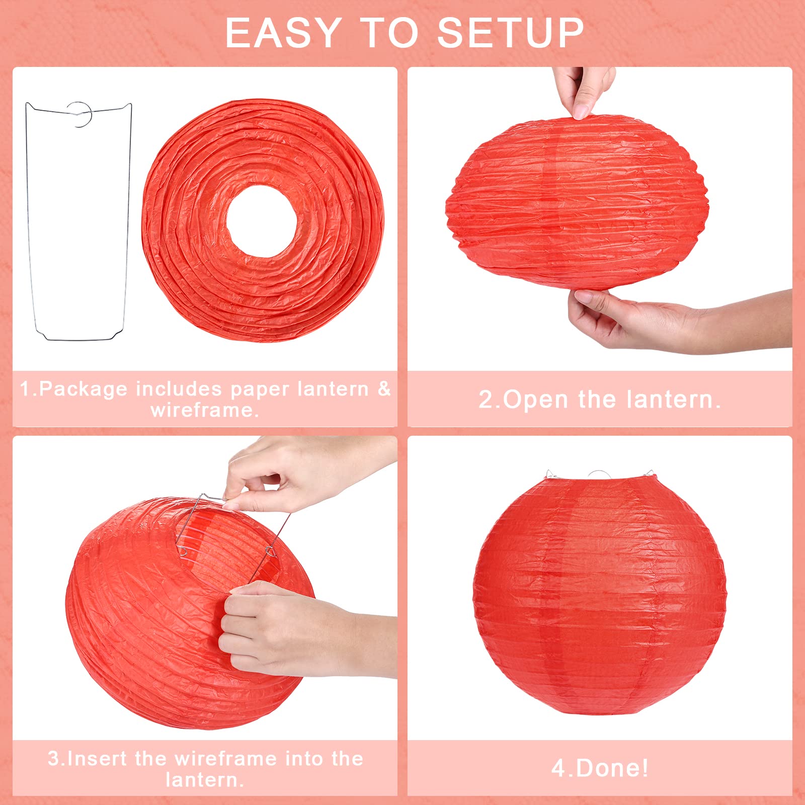 LIHAO 20 Pcs Red Paper Lanterns - Decorative Round Lanterns for New Year, Birthday, Xmas, Wedding - 4 Sizes, Metal, AMZ-GB359