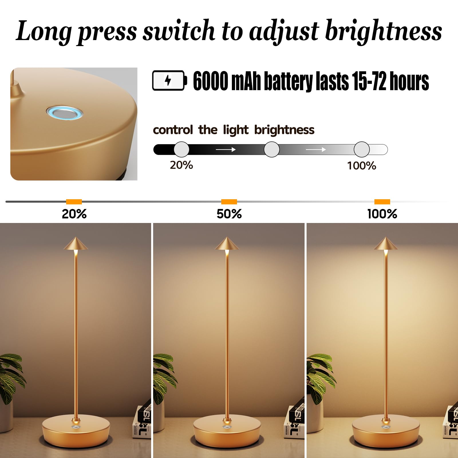YIBEN Rechargeable Cordless Table Lamp, LED Battery 6000mAh, 3 Levels Brightness, 2pack Gold, Model X12
