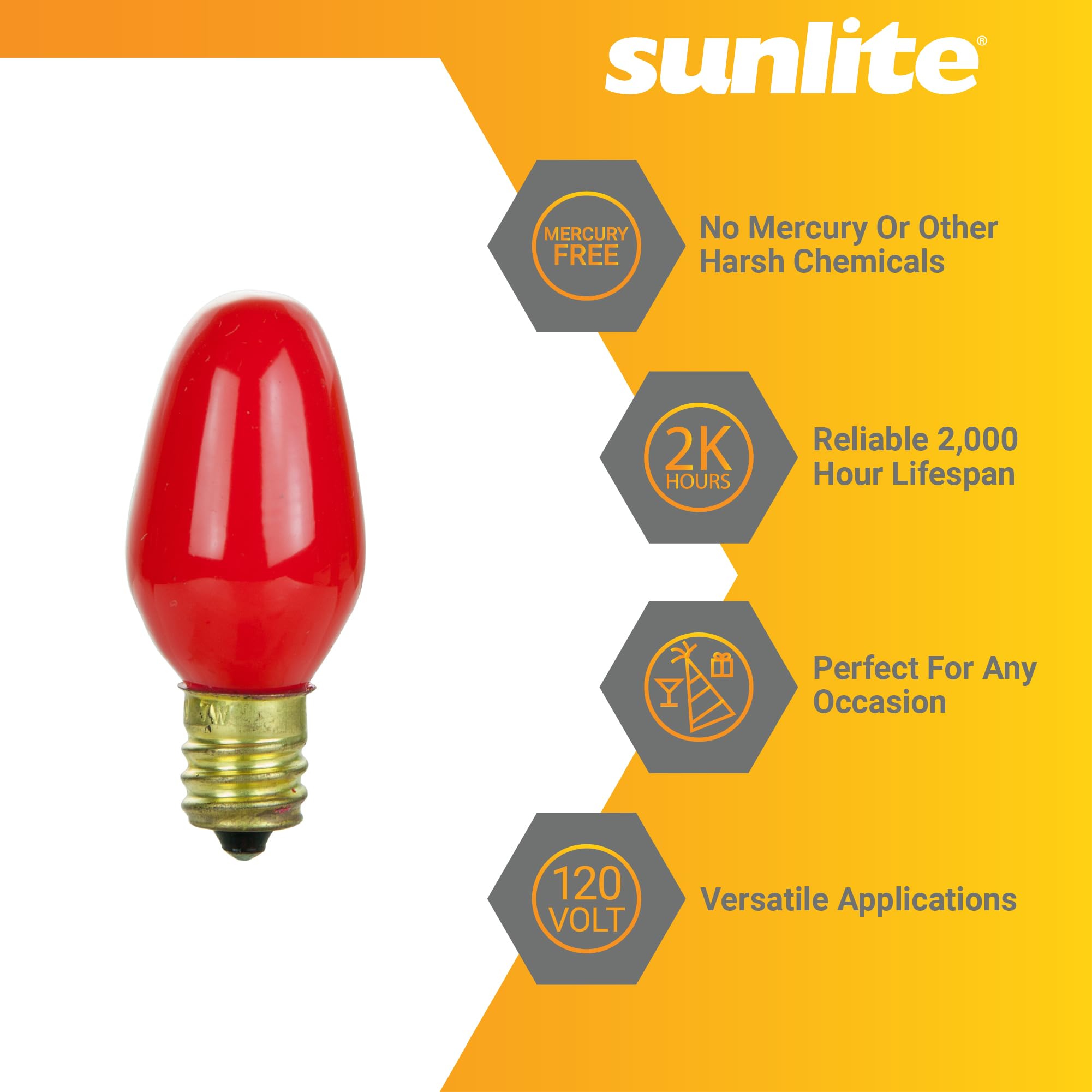Sunlite 01058 Incandescent Bulb, Candelabra E12 Base, 7 Watt, Red, 12 Count