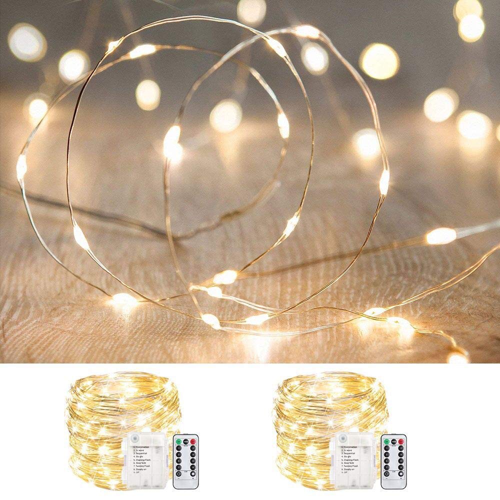 ANJAYLIA Fairy Lights 100 LED Battery Operated Waterproof String Lights 33ft 2 Pack Warm White Model AN-002