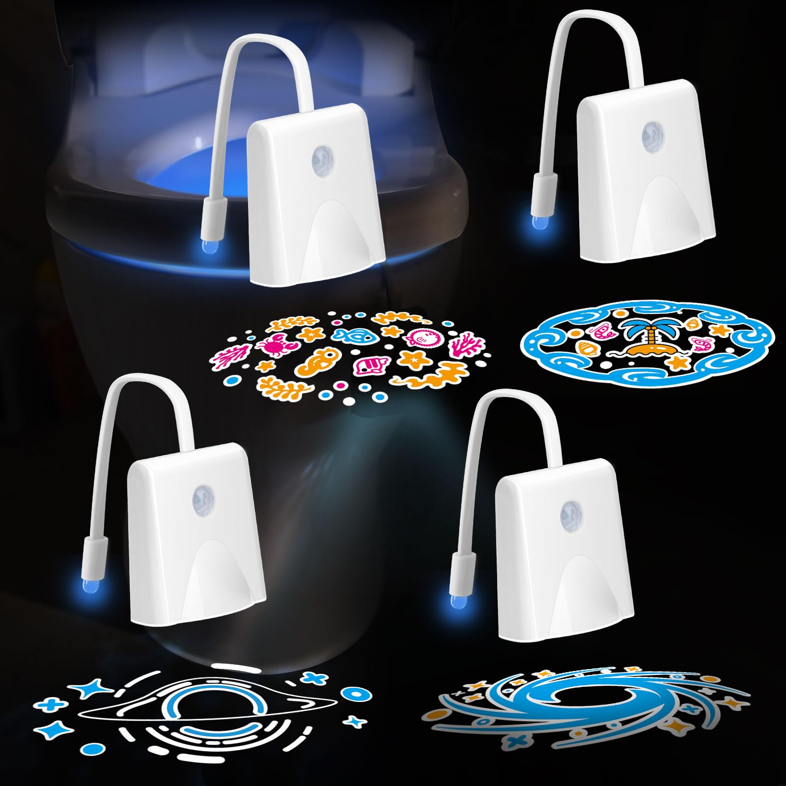LAVAED Toilet Night Lights 4 Pack, 16 Color Changing, Motion Sensor, Rechargeable, Mix 4in1, Acrylonitrile Butadiene Styrene