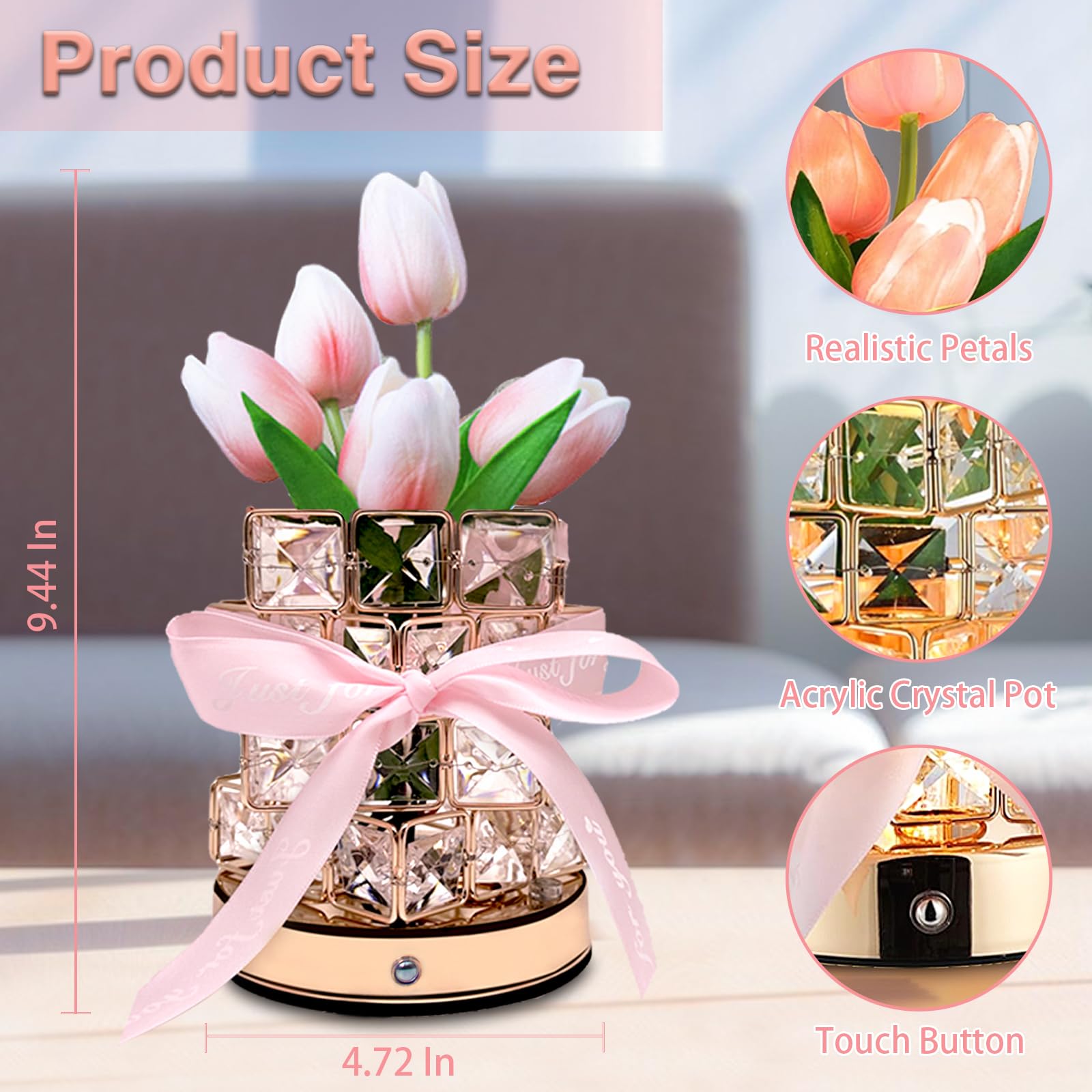 Tulip Table Lamp, 3-Color Dimmable Artificial Flowers Night Light, Rechargeable Cordless Small Desk Lamp, Fake Bouquet 5 Tulip W