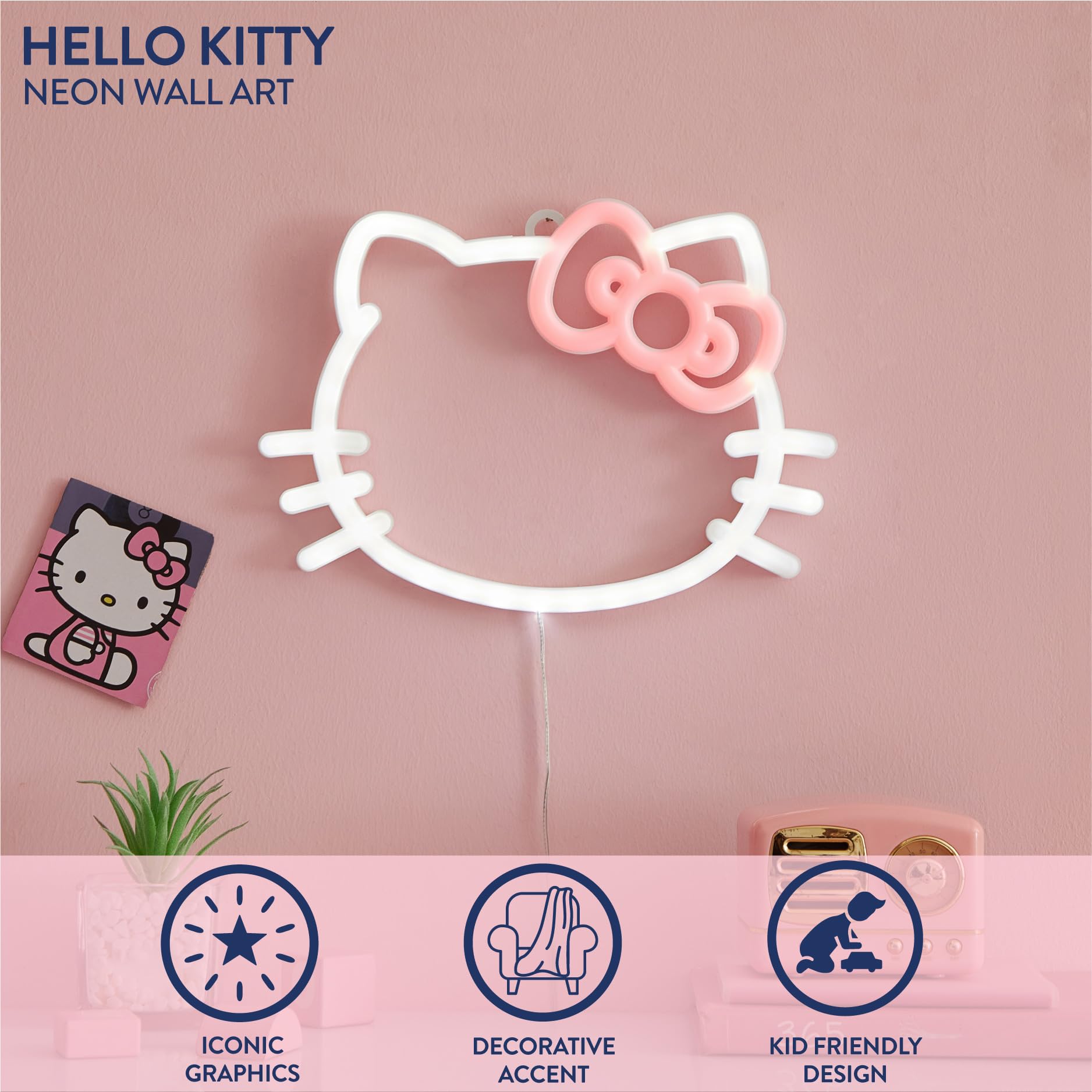Idea Nuova Hello Kitty LED Neon Wall Light, 10"x7", Battery Operated, Plastic, Model NK950144