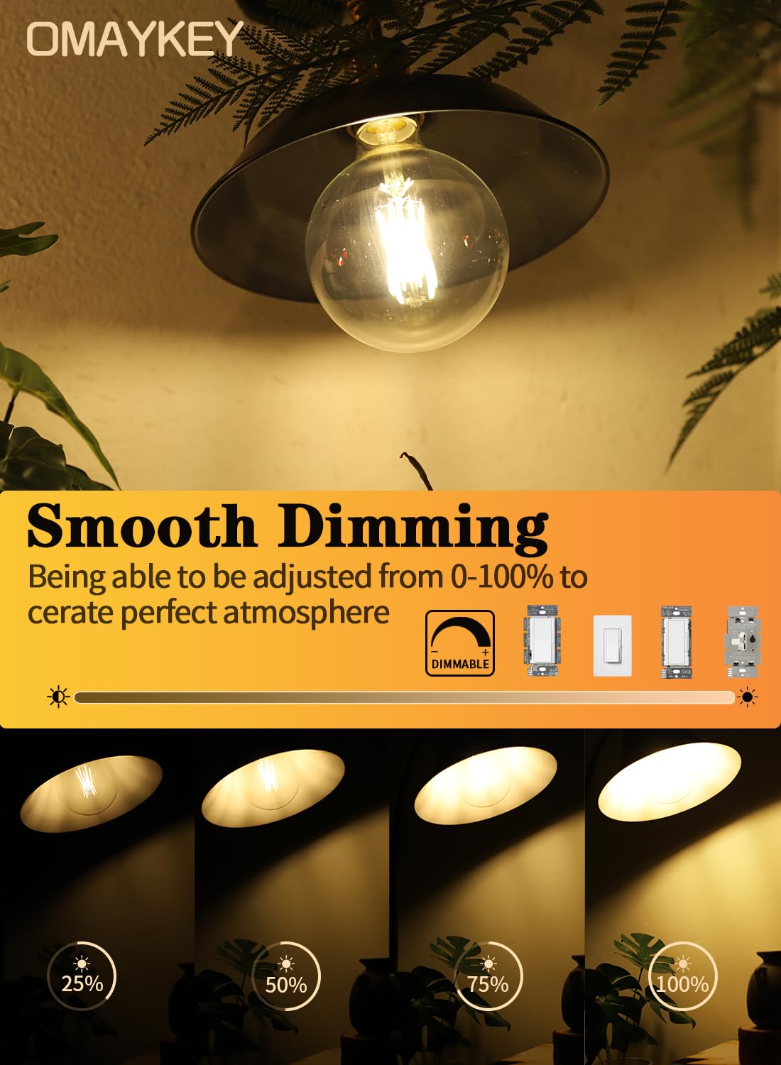 OMAYKEY LED Globe Bulb 10W Dimmable 800 LM E26 Vintage G125 Clear Glass Warm White 2700K