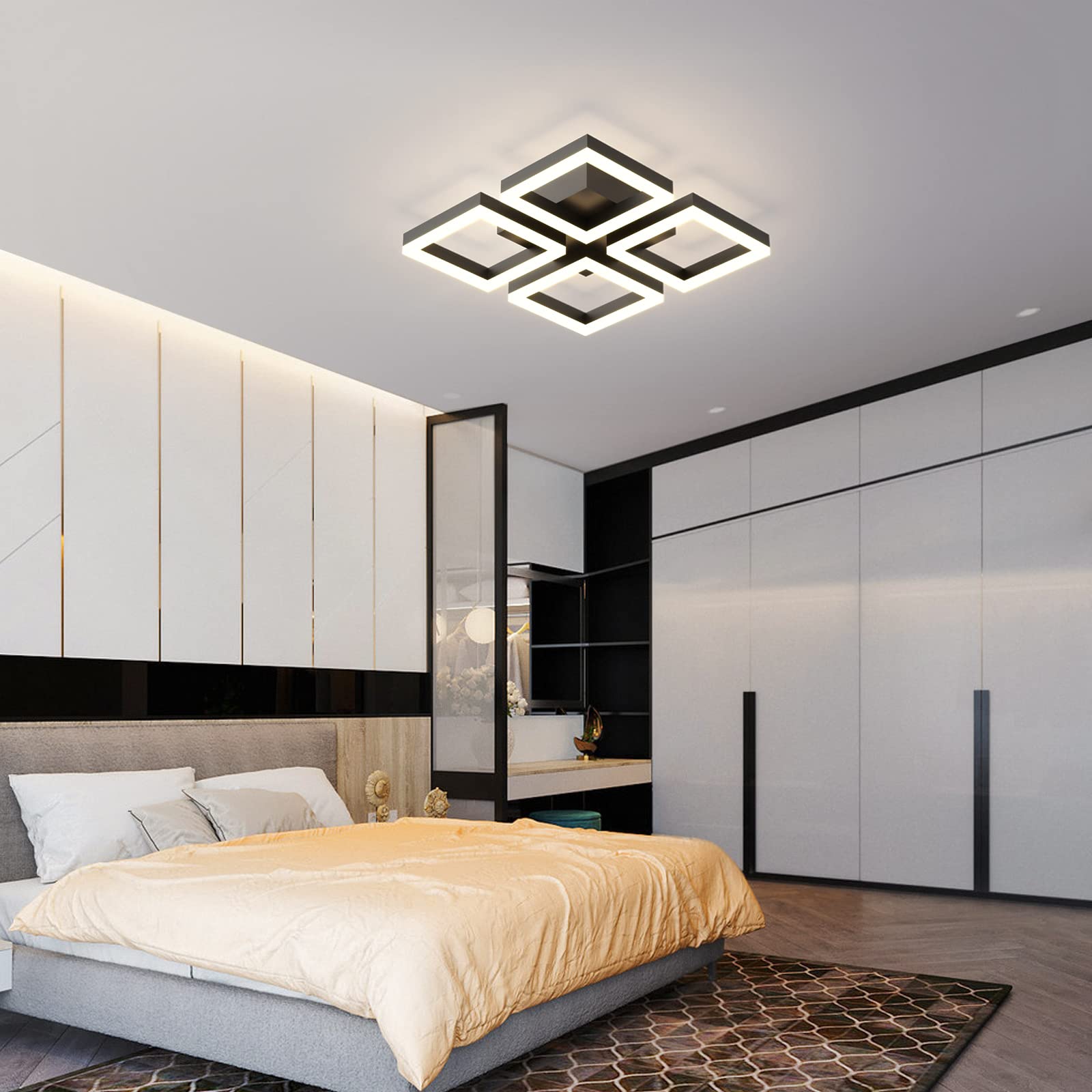 GEADI 52W Dimmable LED Ceiling Light, Modern 4-Square Flush Mount Chandelier, Black, 17.7in, Aluminum, Model 9098FM-4BWJ