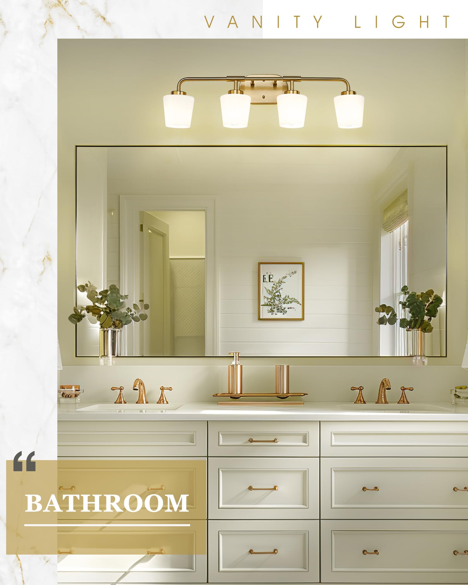 Audickic 4-Light Bathroom Light Fixture, Brushed Gold Vanity Lighting with Milk White Glass, Model AD-22004-4W-GD
