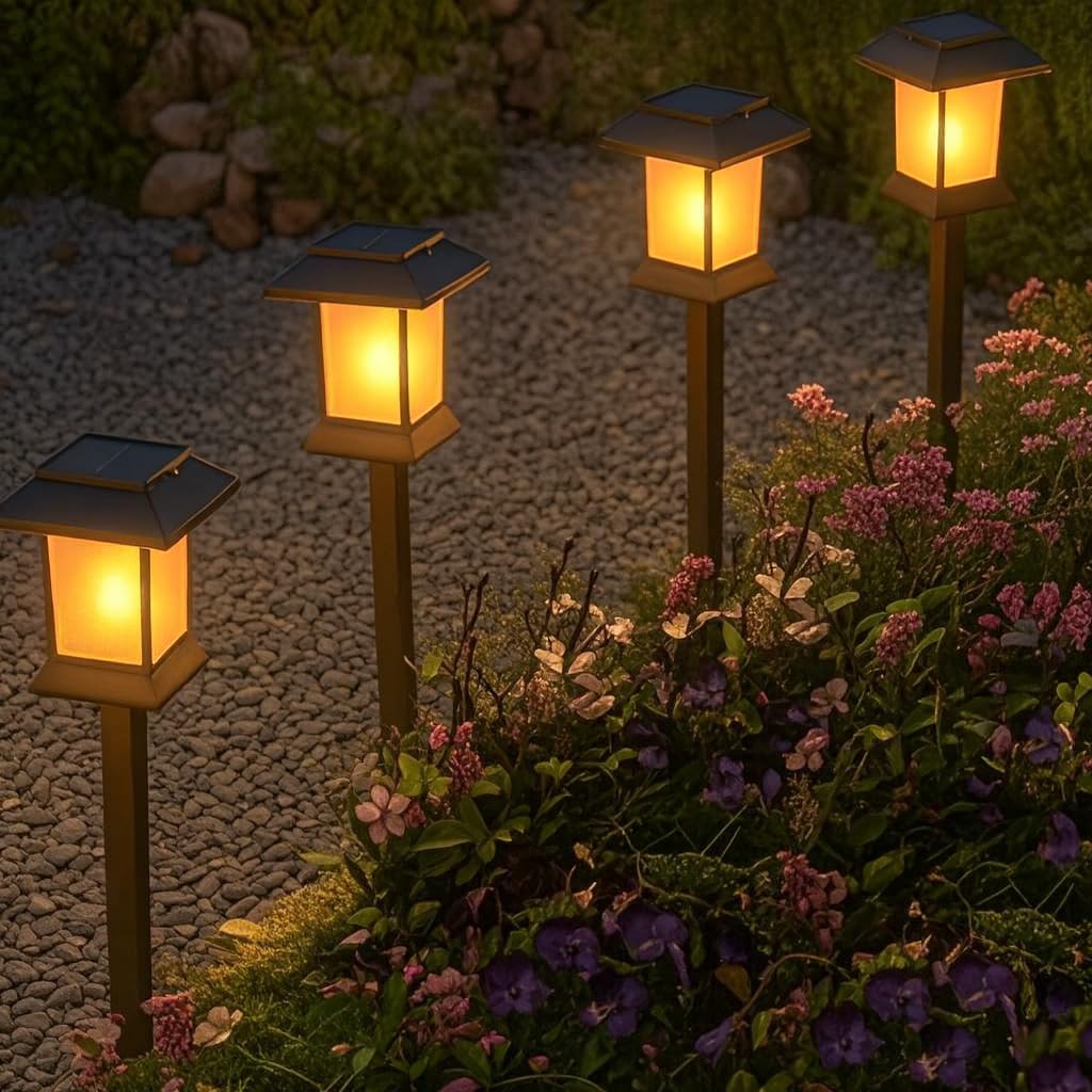 Glosola 6Pack Solar Pathway Lights Outdoor with Flickering Flame  IP65 Waterproof  Solar Flame Lights with Hook  Upgraded 1000mAH Battery  Up to 12Hrs  Auto On/Off  Decor for Garden  Walkway