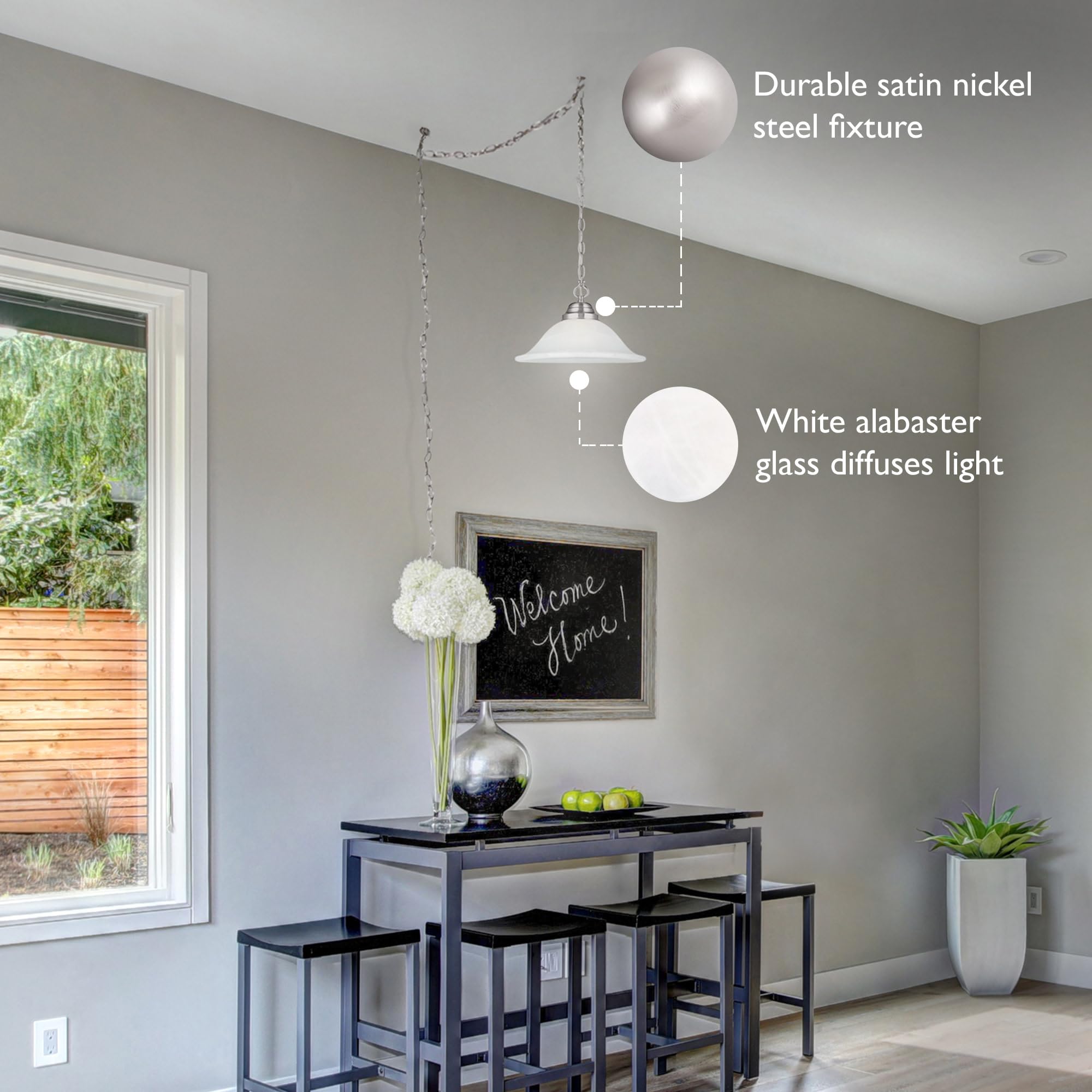 Millbridge 1-Light Pendant Lights For Kitchen Island - Satin Nickel Kitchen Lights With Alabaster Glass Shade For Living Room, D