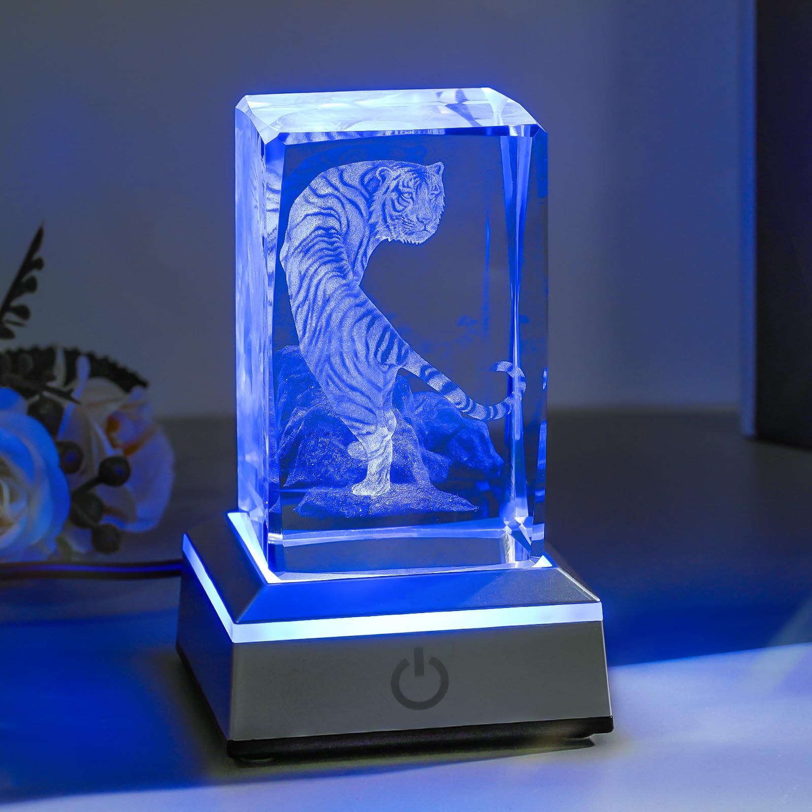 Eicxjui 3D Tiger Crystal Night Light With Multicolor Led Base Glass Laser Engraved White Tiger Lamp Figurines Gifts For Boys Gir