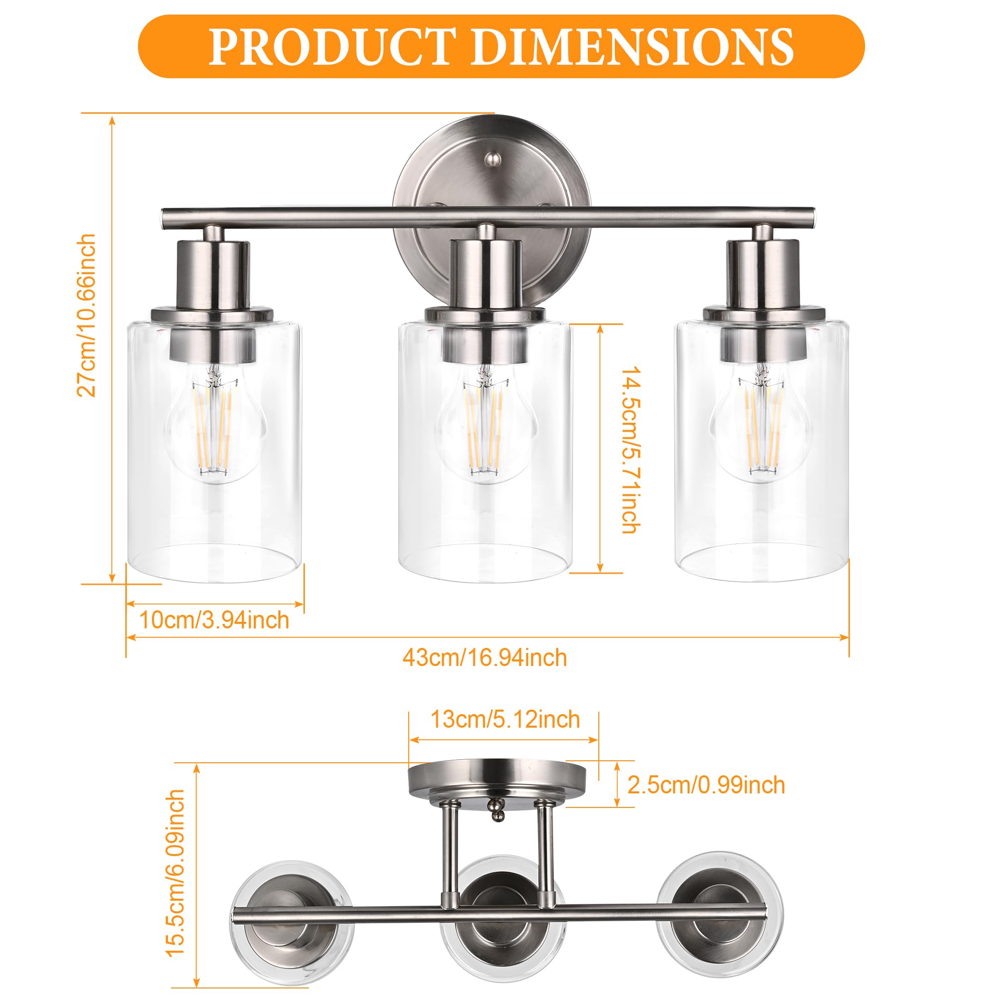 Faymart Lighting Brushed Nickel 3-Light Vanity Light Fixture, Glass and Metal, Model FML-BN-3L-W-S