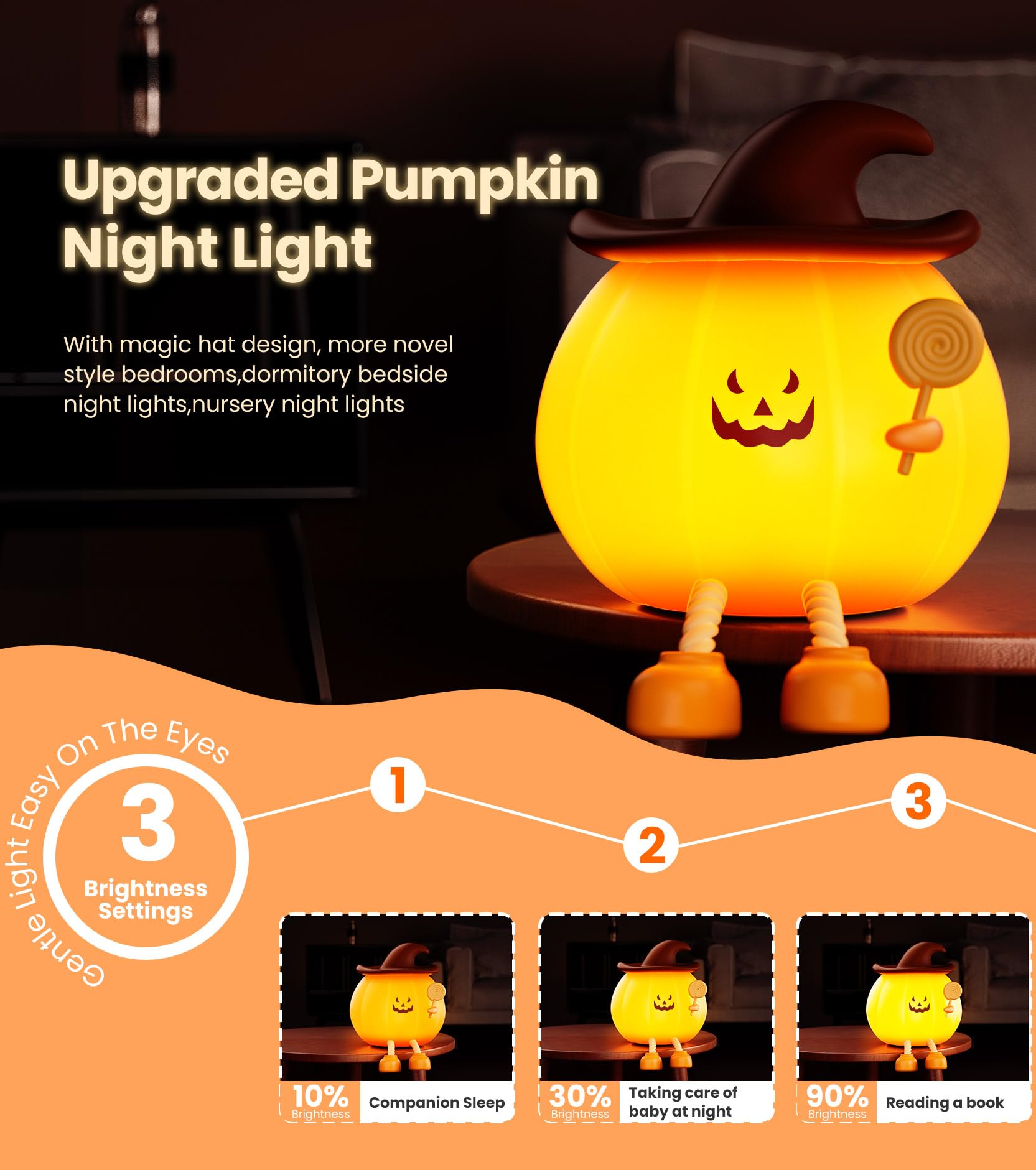 CuieTuee Pumpkin Night Light, USB-Charged, Touch-Controlled, 3-Level Brightness, Small, Orange, Model: cuie-night light-us