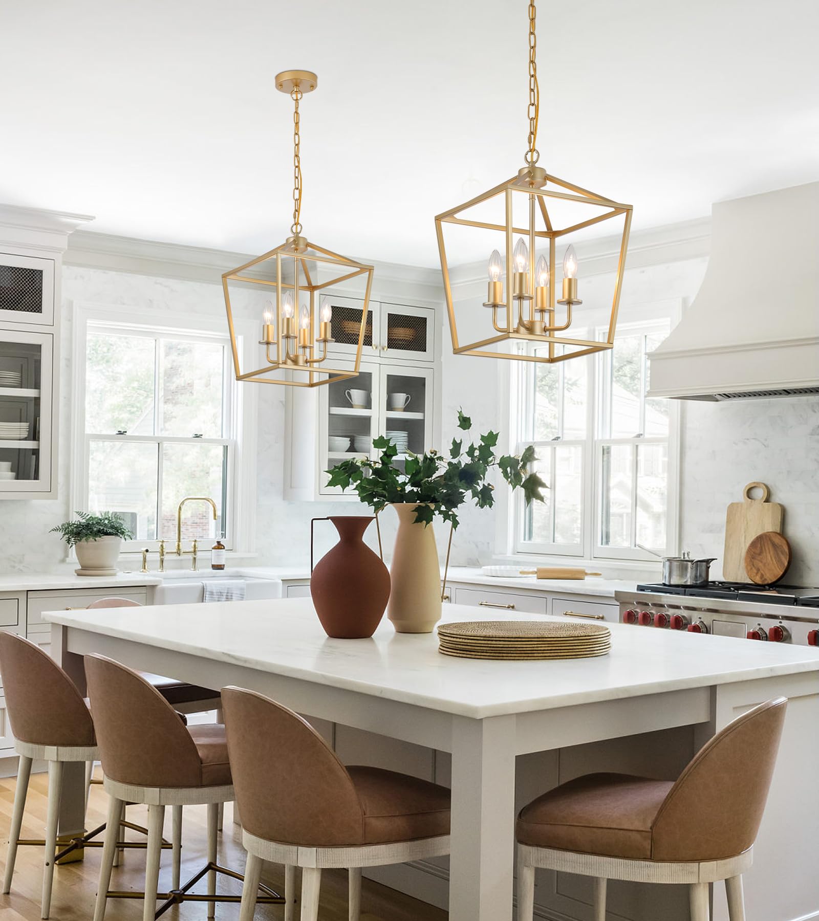 Industrial 4 Lights Chandelier, Gold Lantern Ceiling Light Fixtures With Rustic Metal Cage Adjustable Height Farmhouse Geometric