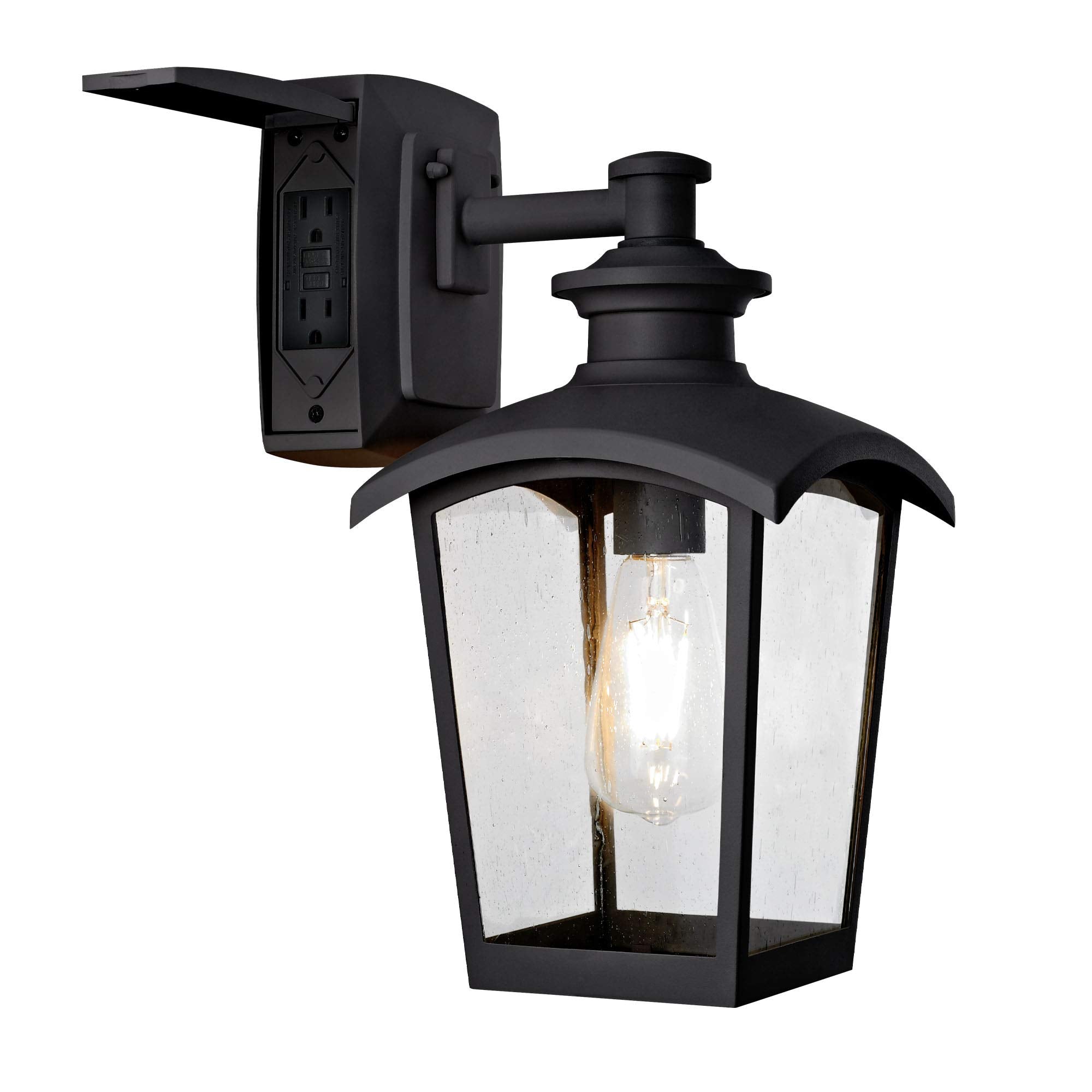 Home Luminaire Spence 1-Light Outdoor Wall Lantern, Seeded Glass, Gfci Outlet, Black
